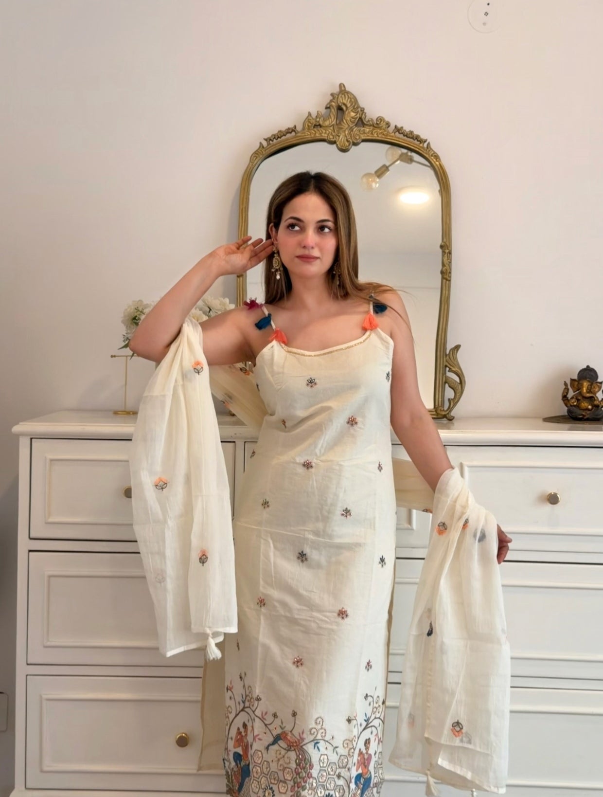 Ivory Multicolour Embroidered Suit Set with Lightweight Dupatta
