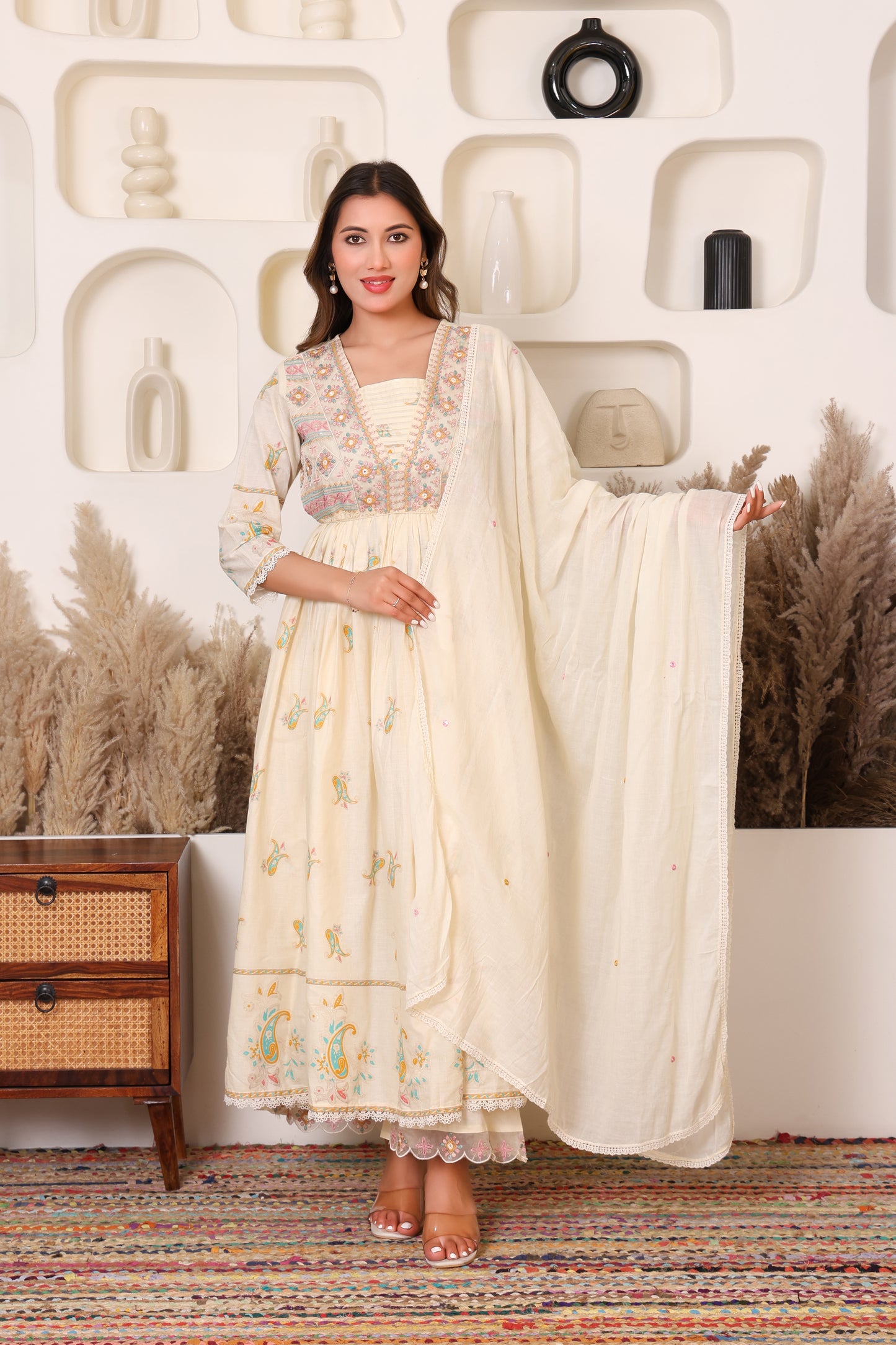 Ivory Elegance Floral Cotton Anarkali