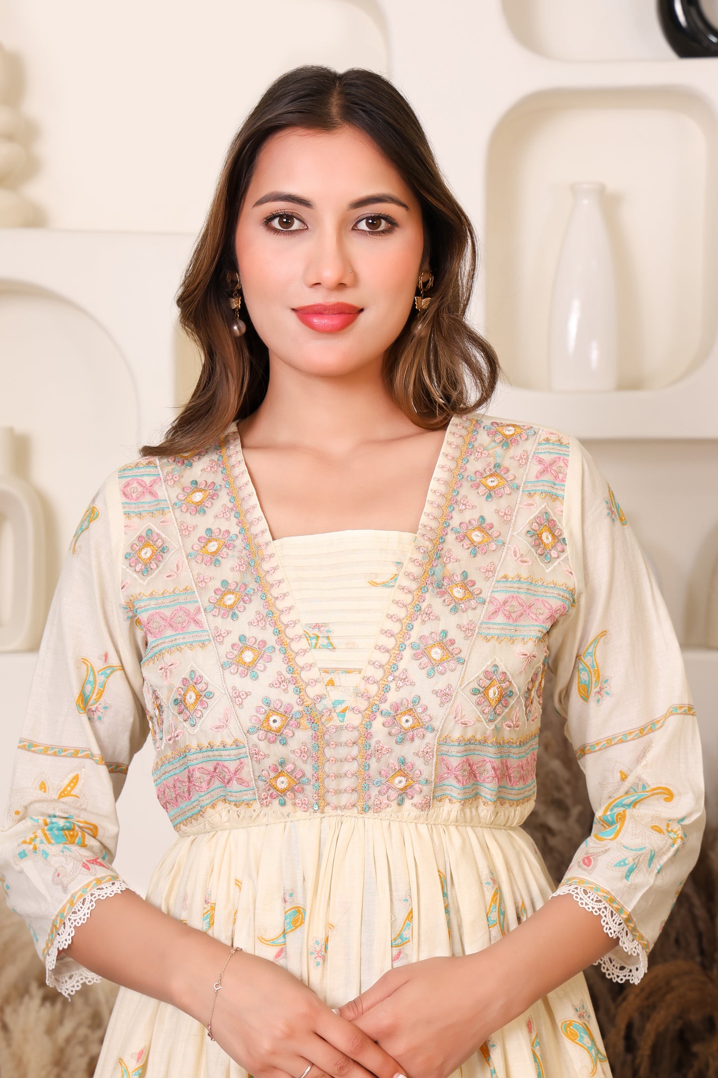 Ivory Elegance Floral Cotton Anarkali