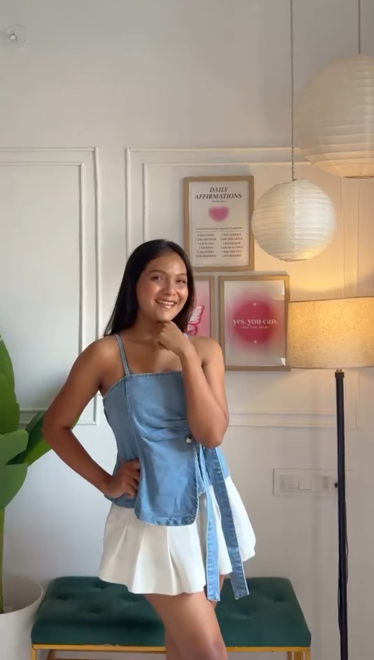 Light Blue Denim Corset Wrap Top with Waist Tie Belt