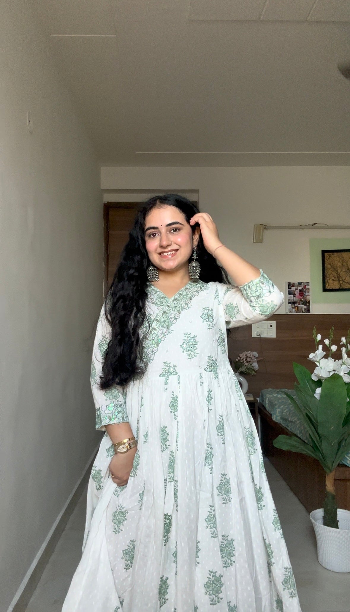 White & Sage Green Floral Anarkali Suit Set