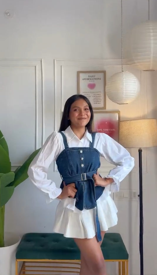 Dark Blue Denim Corset Top with Buckle Belt