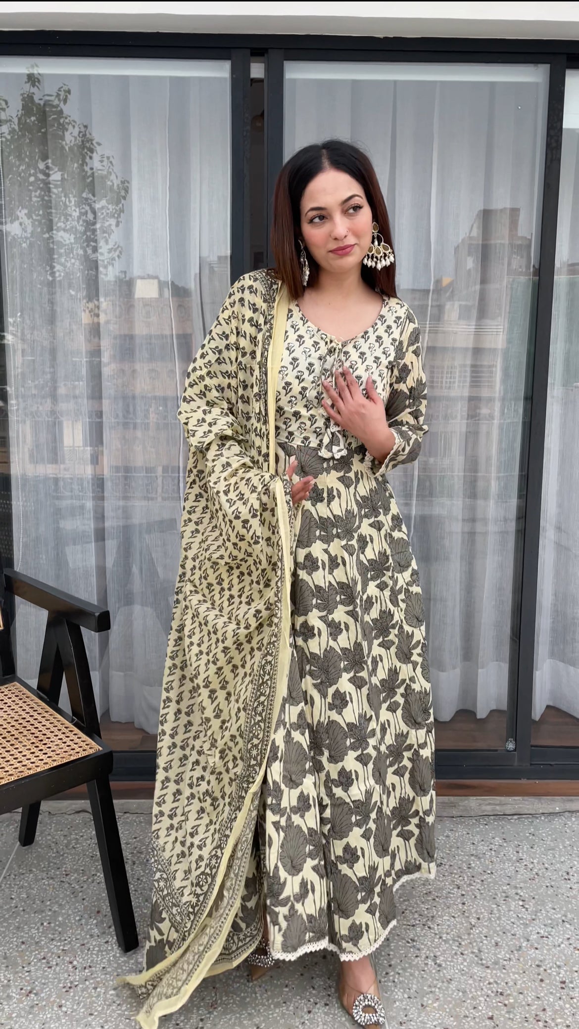 Elegant Beige Floral Printed Cotton Anarkali Suit Set