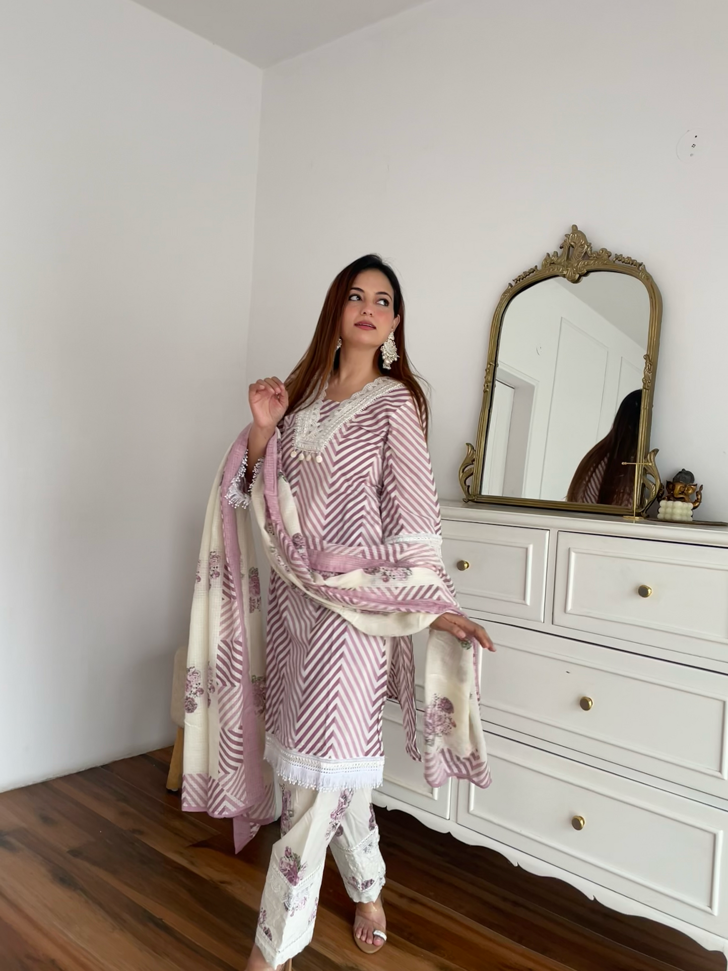 Purple Chevron Floral Embroidered Suit Set