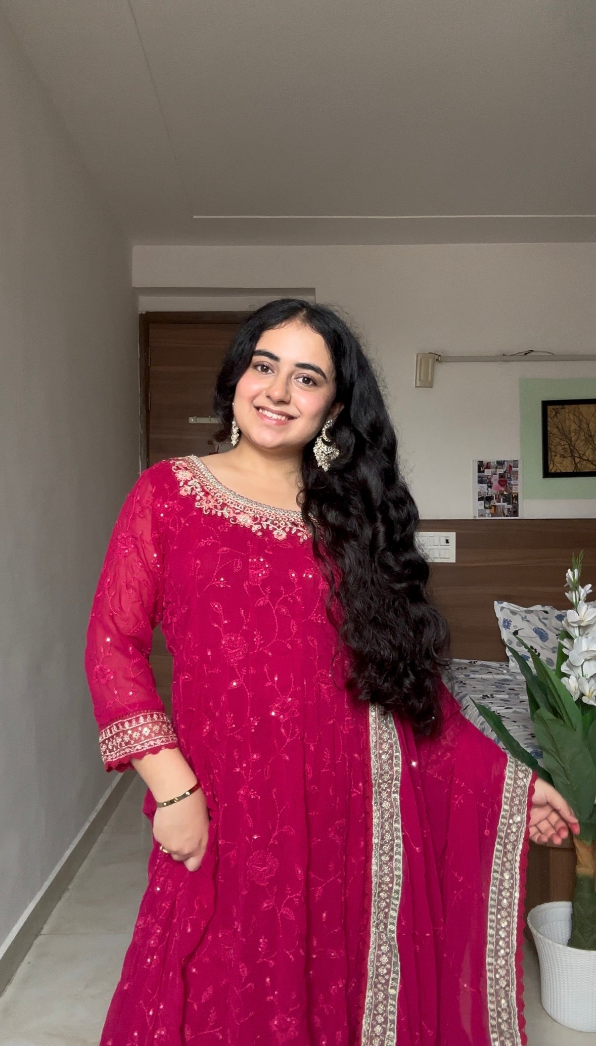 Deep Rose Red Embroidered Anarkali Suit Set with Dupatta