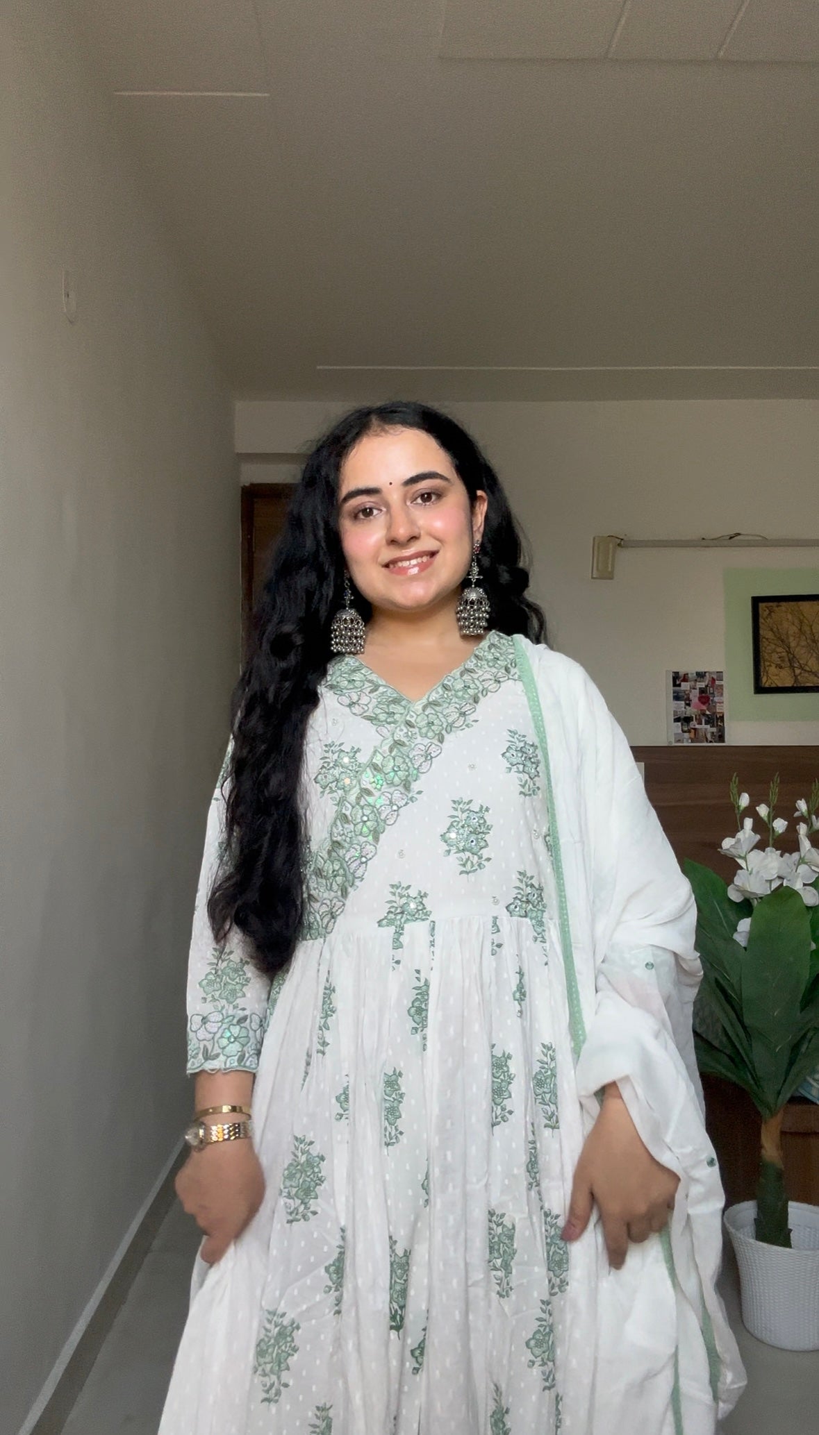 White & Sage Green Floral Anarkali Suit Set