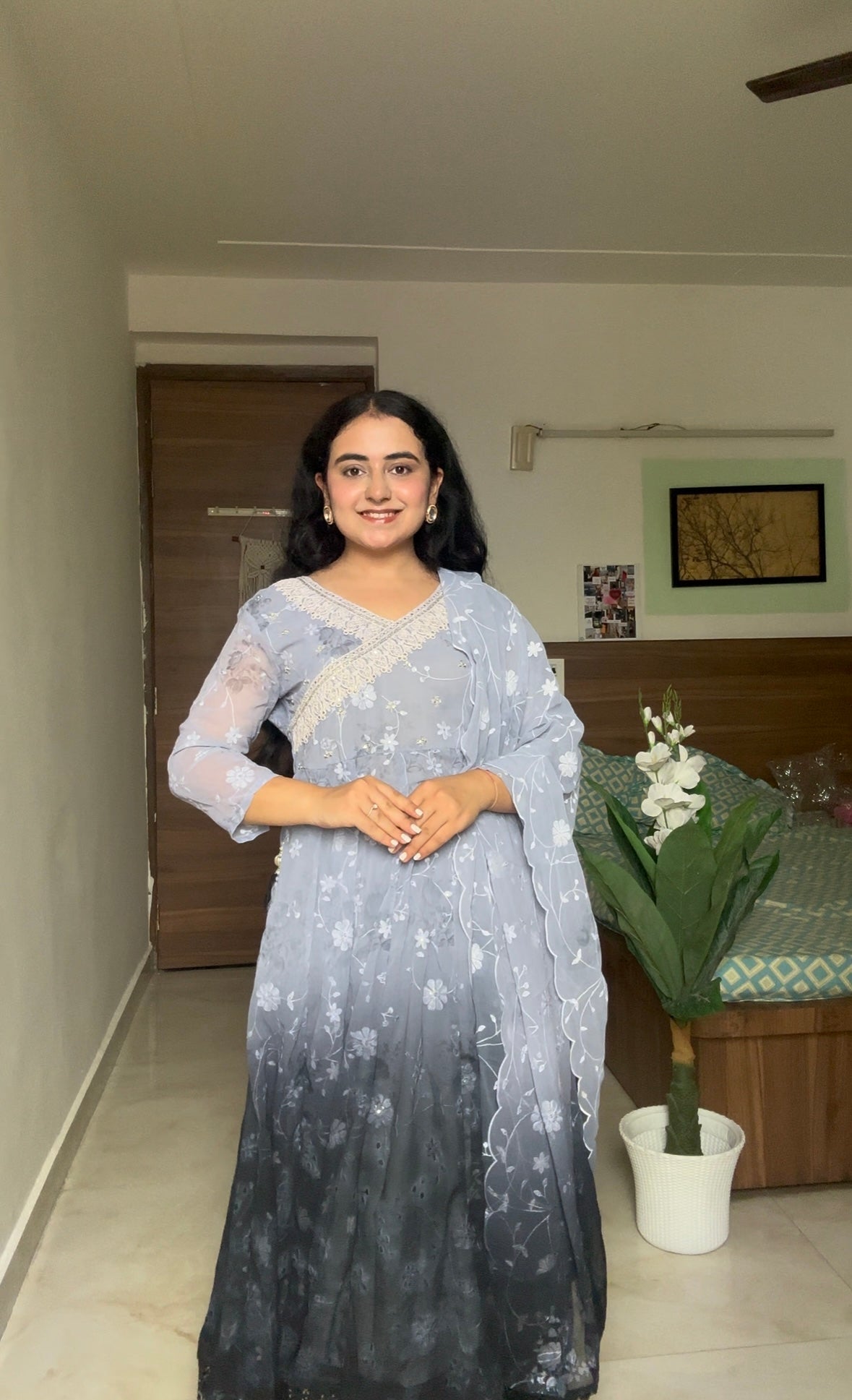 Grey Ombre Floral Anarkali Set with Lace Detailing