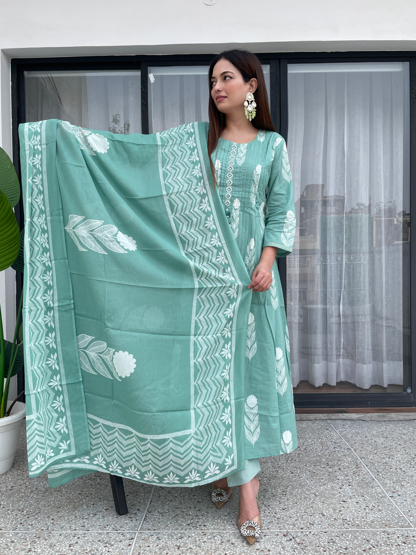 Pastel Mint Green Printed Kurta Set with Pants & Dupatta