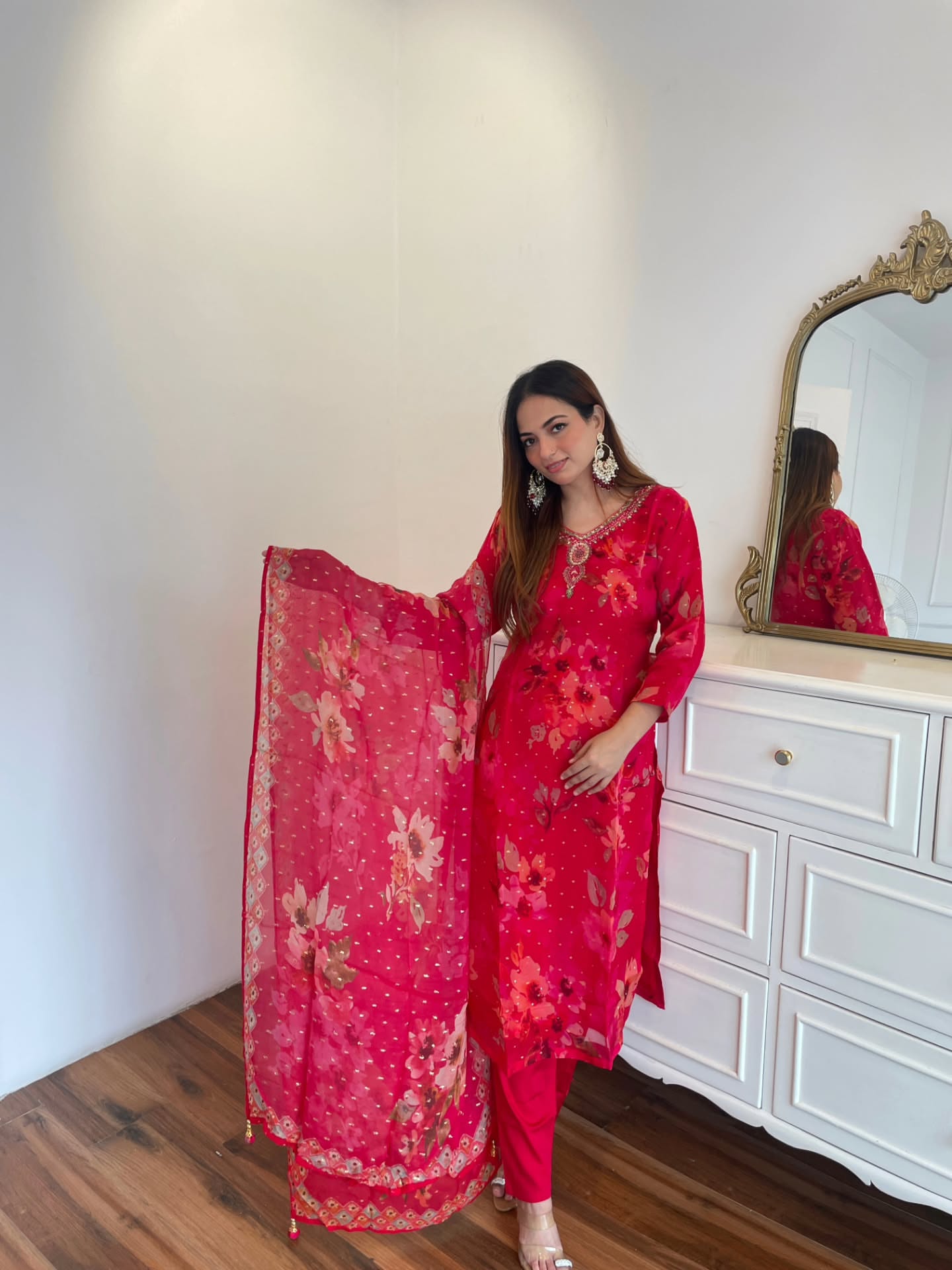 Hot Pink Floral Embroidered Suit Set with Printed Dupatta