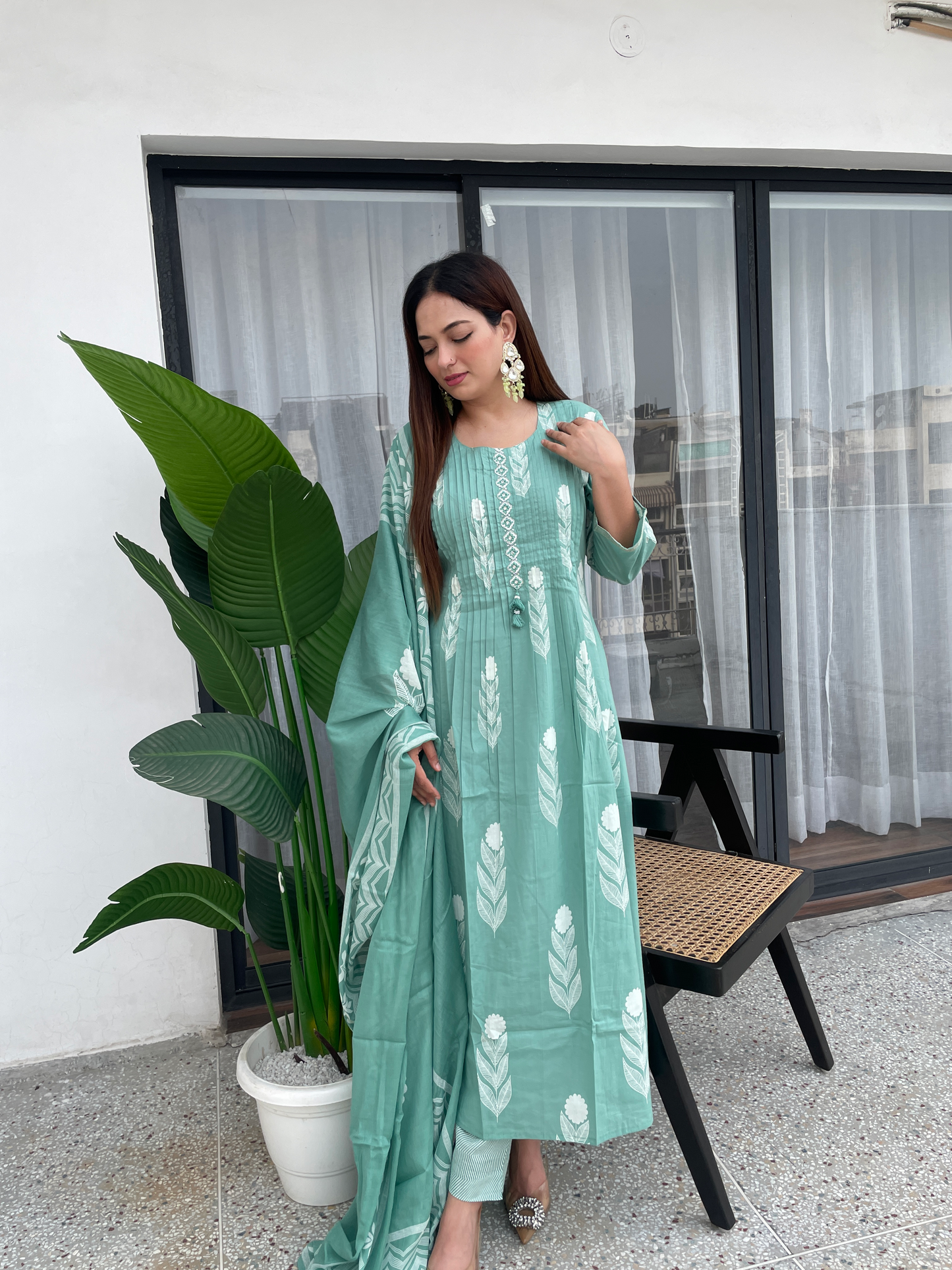 Pastel Mint Green Printed Kurta Set with Pants & Dupatta