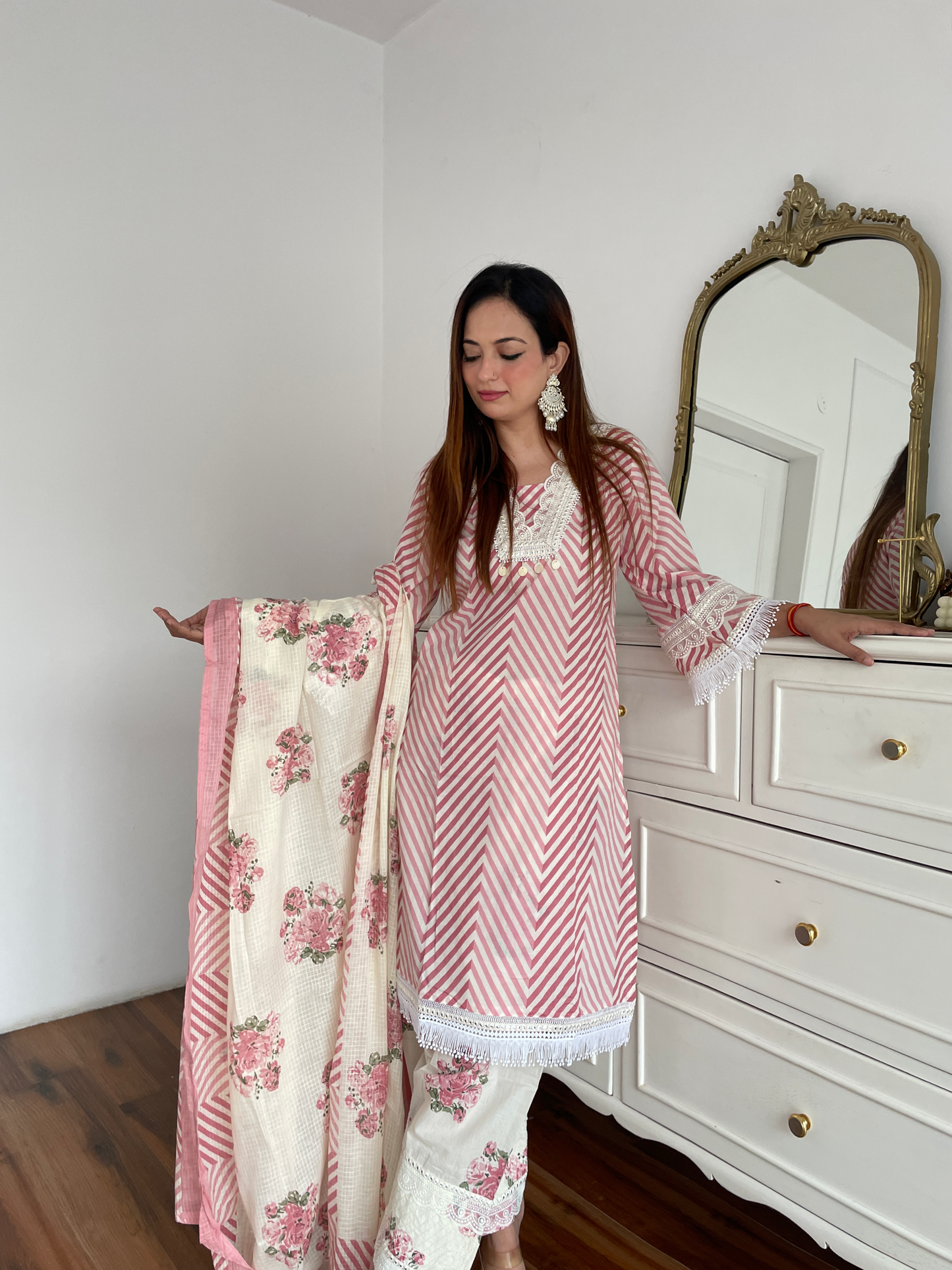Pink Chevron Floral Embroidered Suit Set
