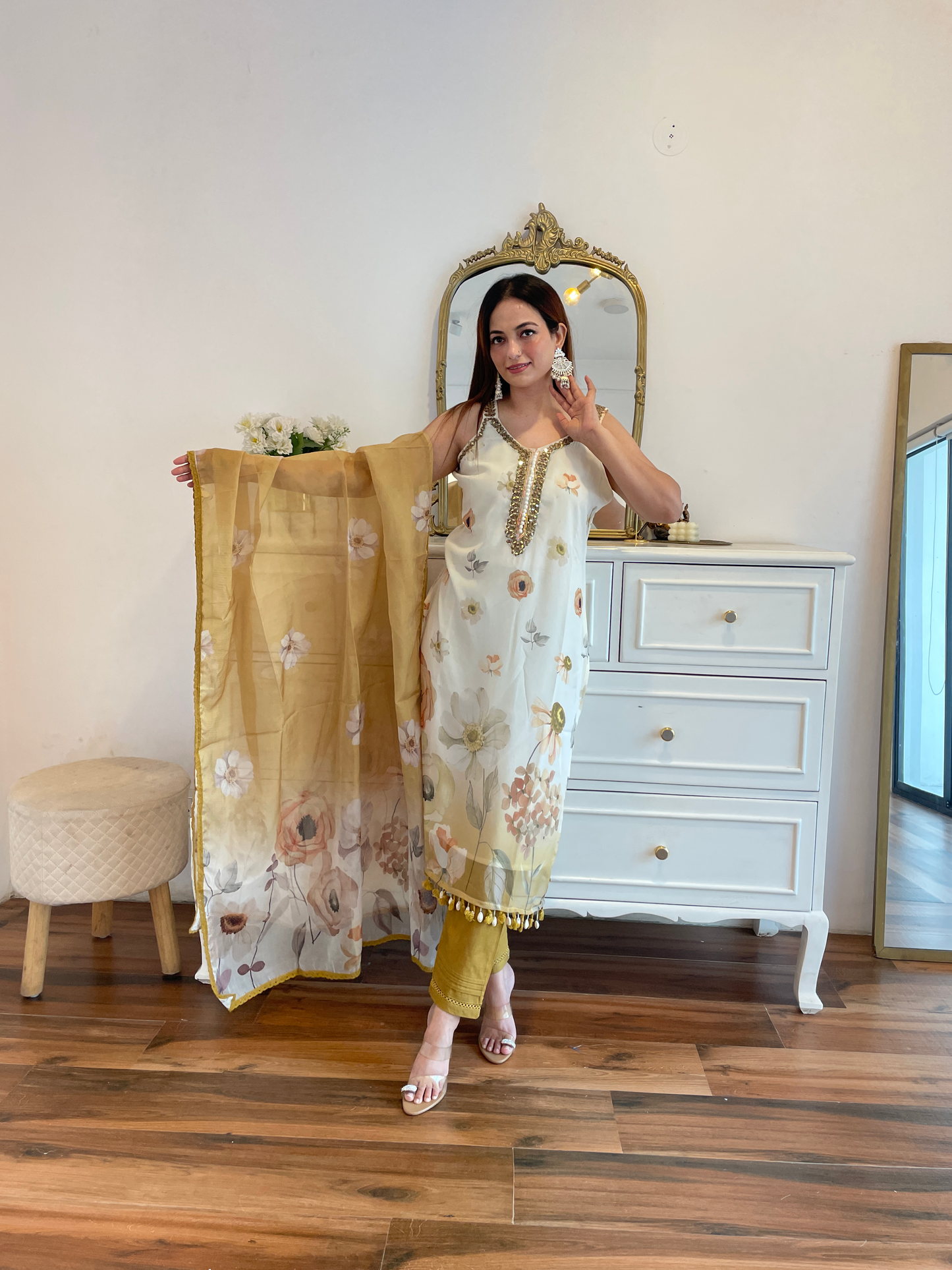 Mustard Floral Printed Suit Set with Mirror Work & Organza Dupatta