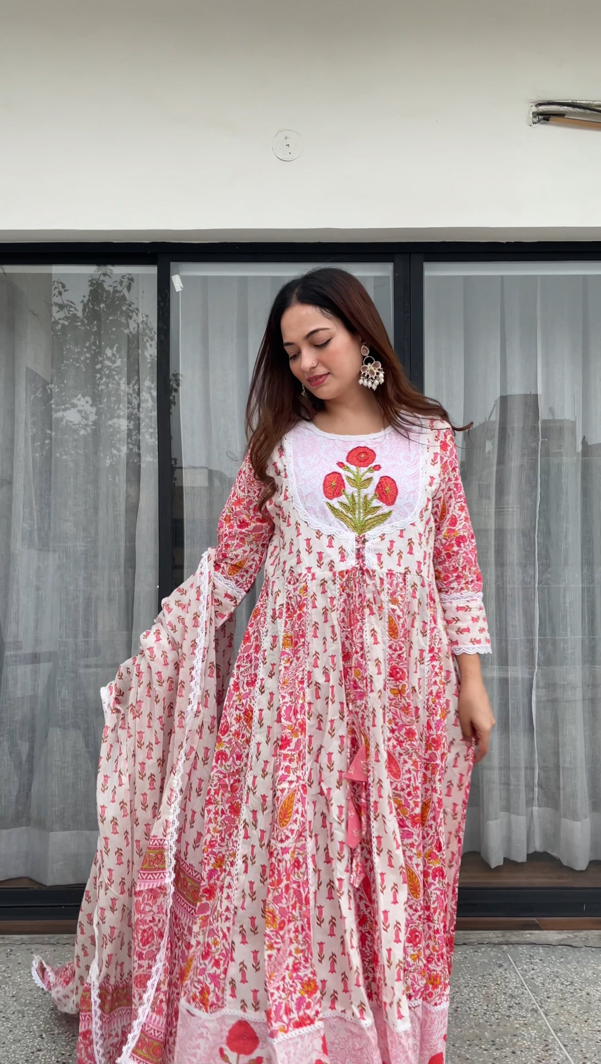 Blush Pink Floral Printed Frock Suit Set with Dupatta