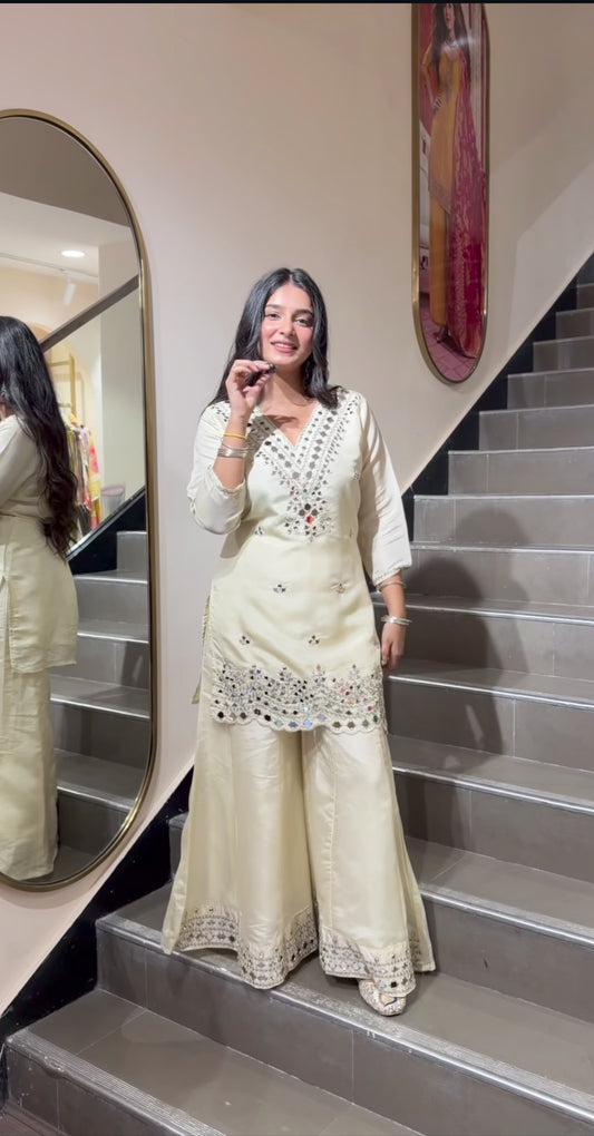 Ivory Mirror Embellished Kurta Sharara Set with Sequin Work