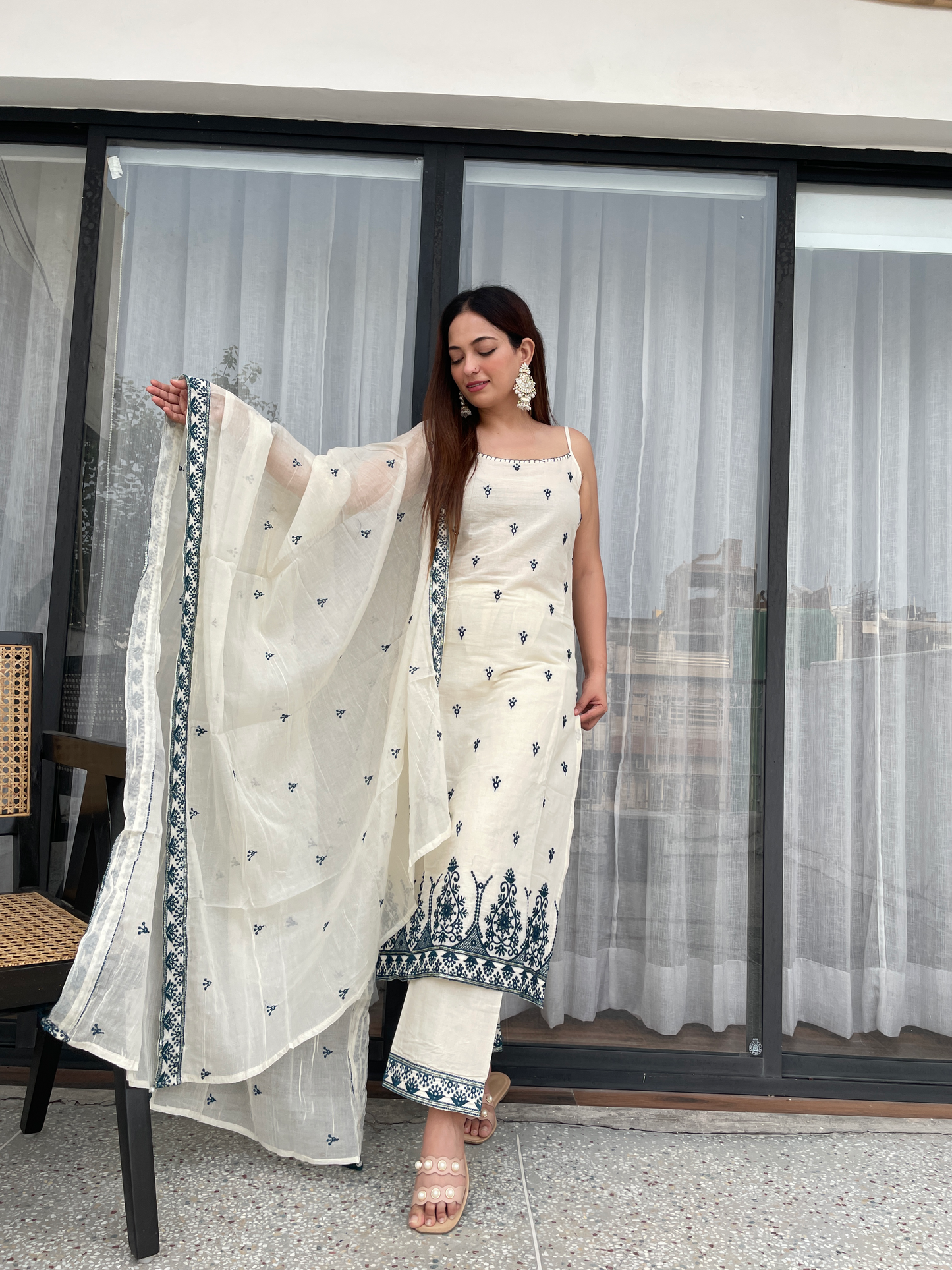 Elegant Ivory White With Blue  Embroidered Kurta Pant Set