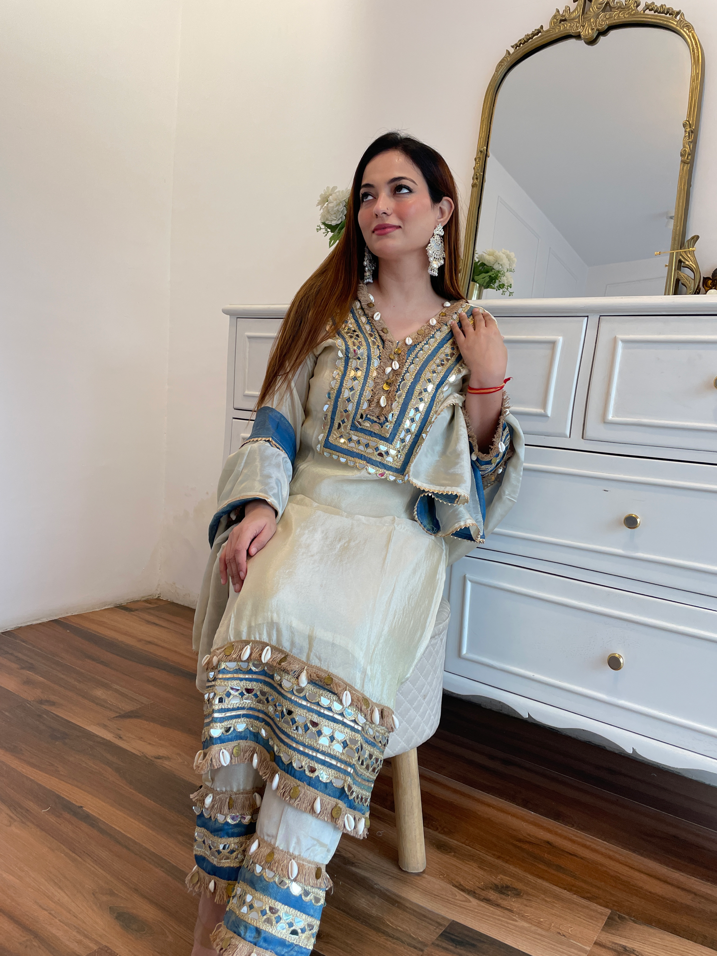 Ivory Embroidered Mirror Work Suit Set