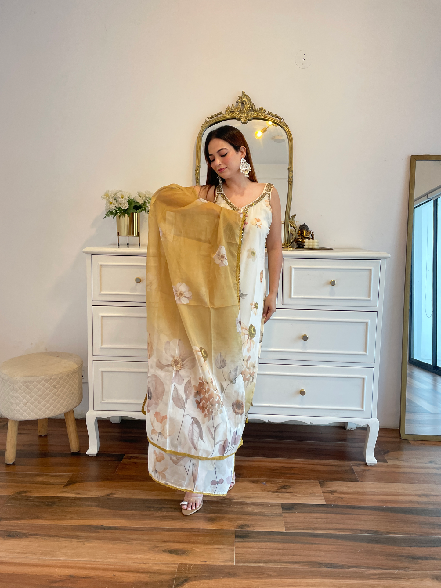 Mustard Floral Printed Suit Set with Mirror Work & Organza Dupatta