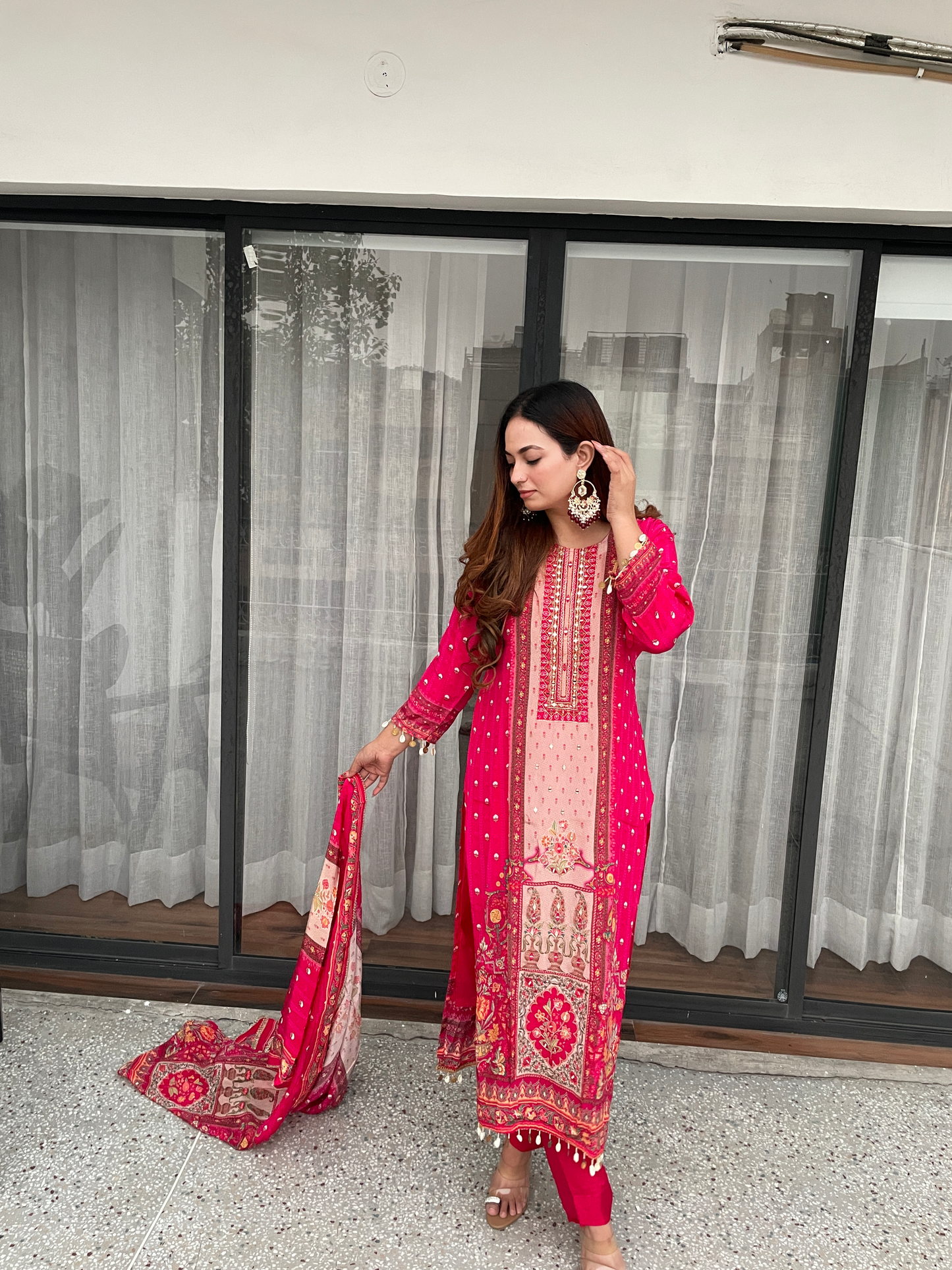 Hot Pink Embroidered Suit Set with Printed Dupatta
