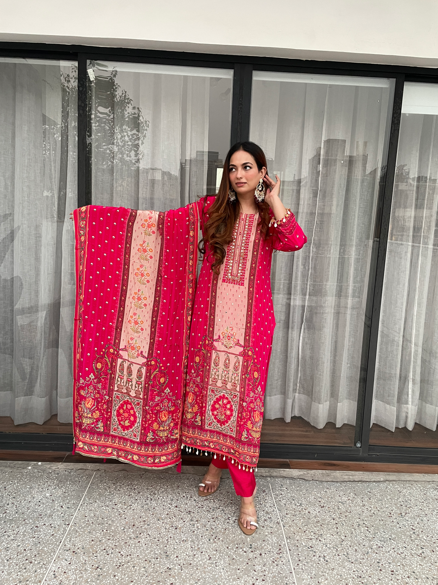 Hot Pink Embroidered Suit Set with Printed Dupatta