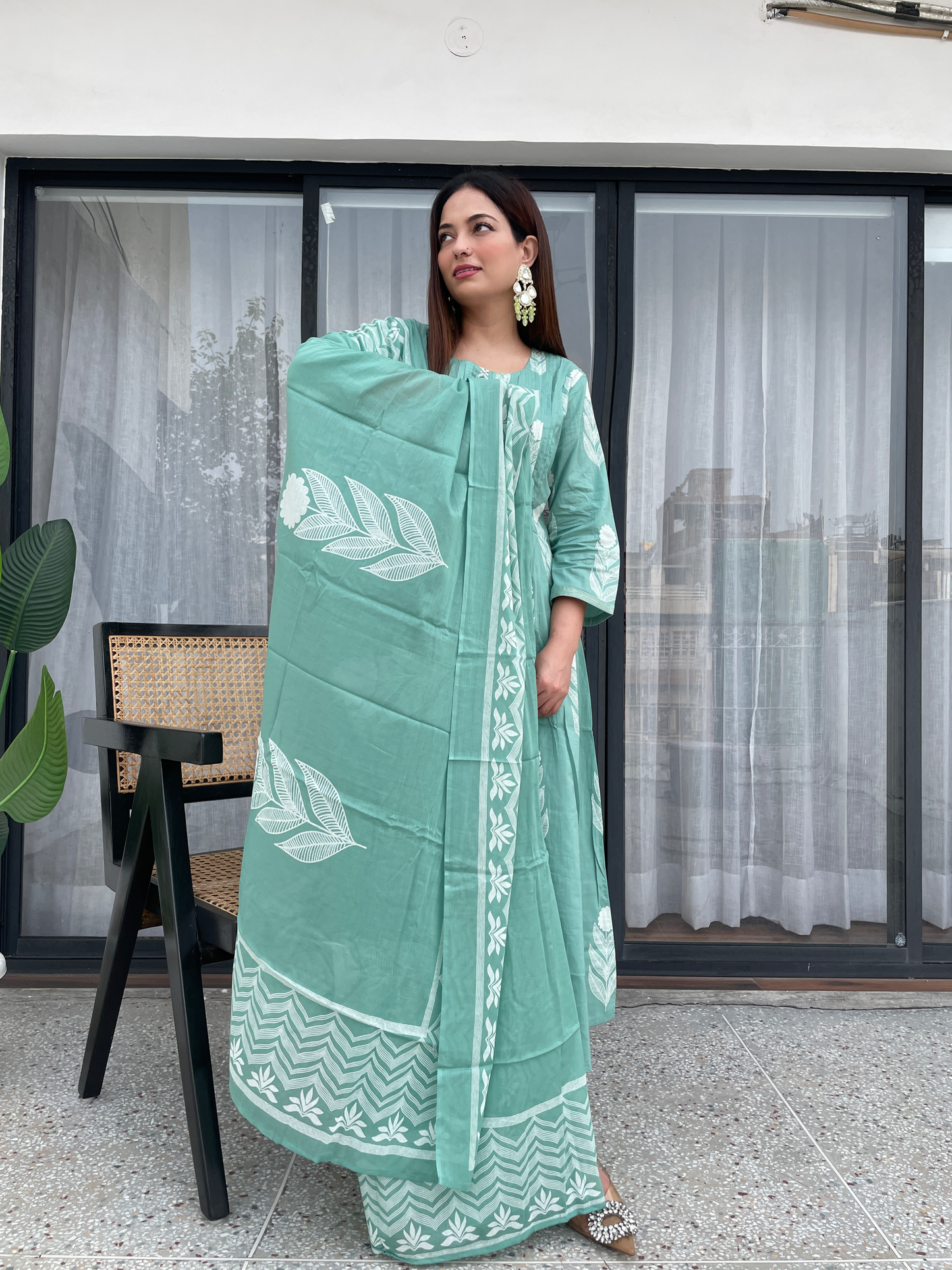 Pastel Mint Green Printed Kurta Set with Pants & Dupatta