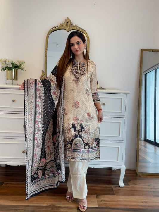 Cream Elegance Printed Embroidered Crap Suit Set
