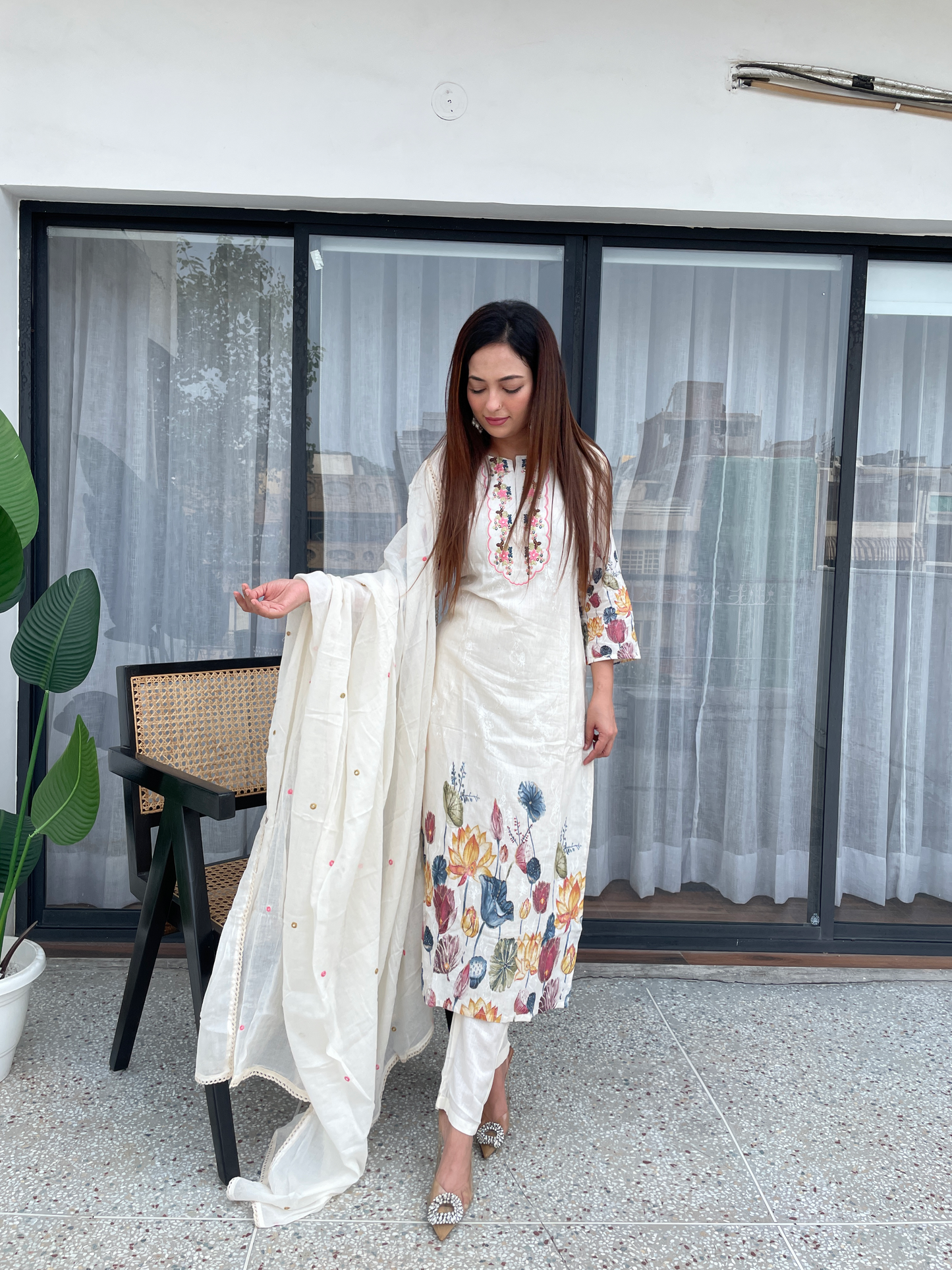 Elegant Off-White Floral Embroidered Suit Set
