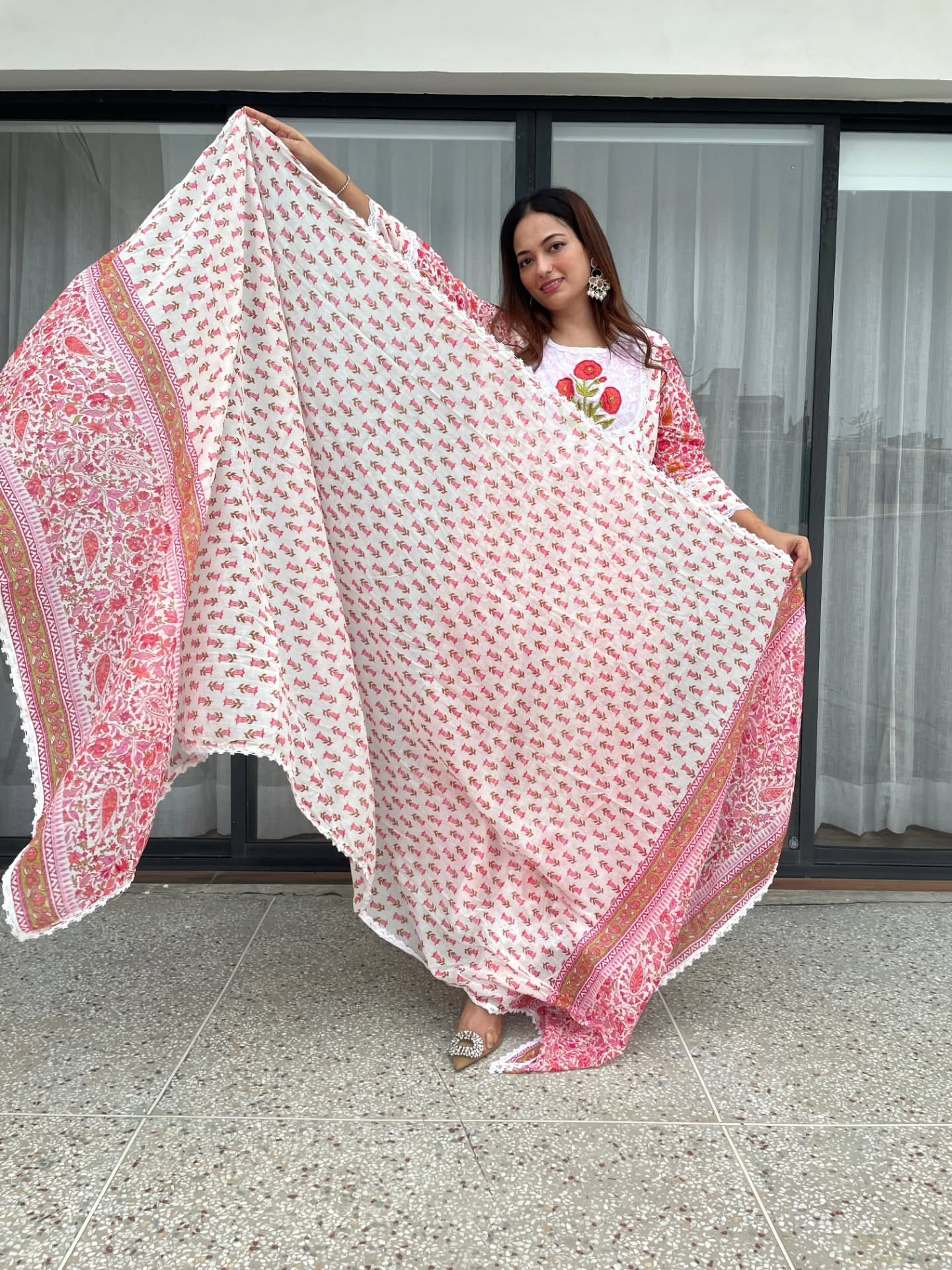 Blush Pink Floral Printed Frock Suit Set with Dupatta