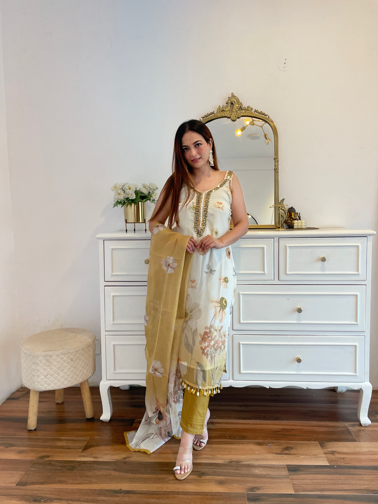 Mustard Floral Printed Suit Set with Mirror Work & Organza Dupatta