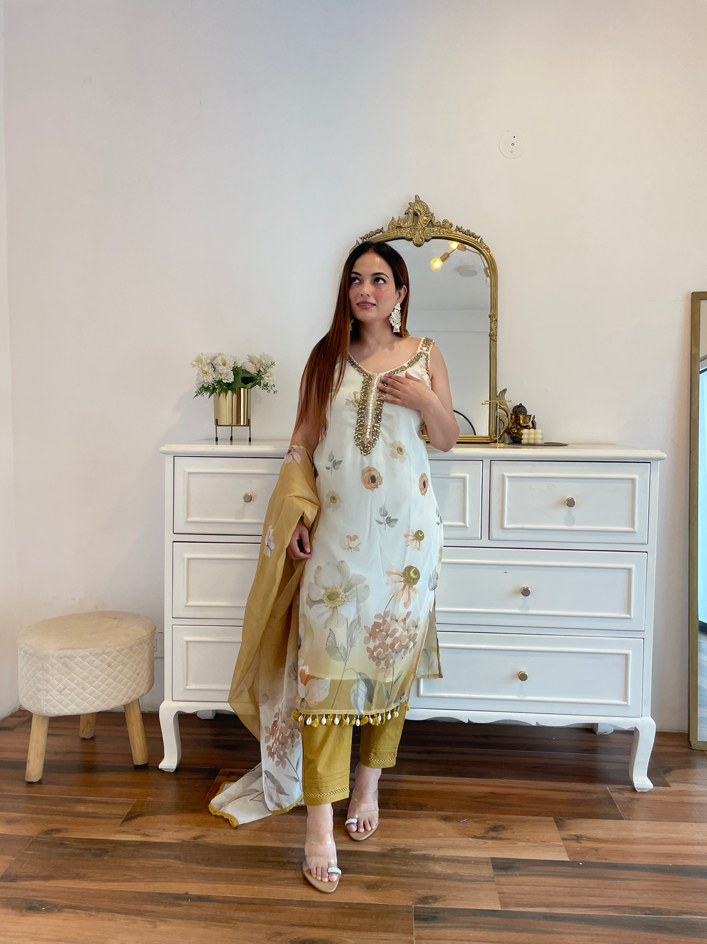 Mustard Floral Printed Suit Set with Mirror Work & Organza Dupatta