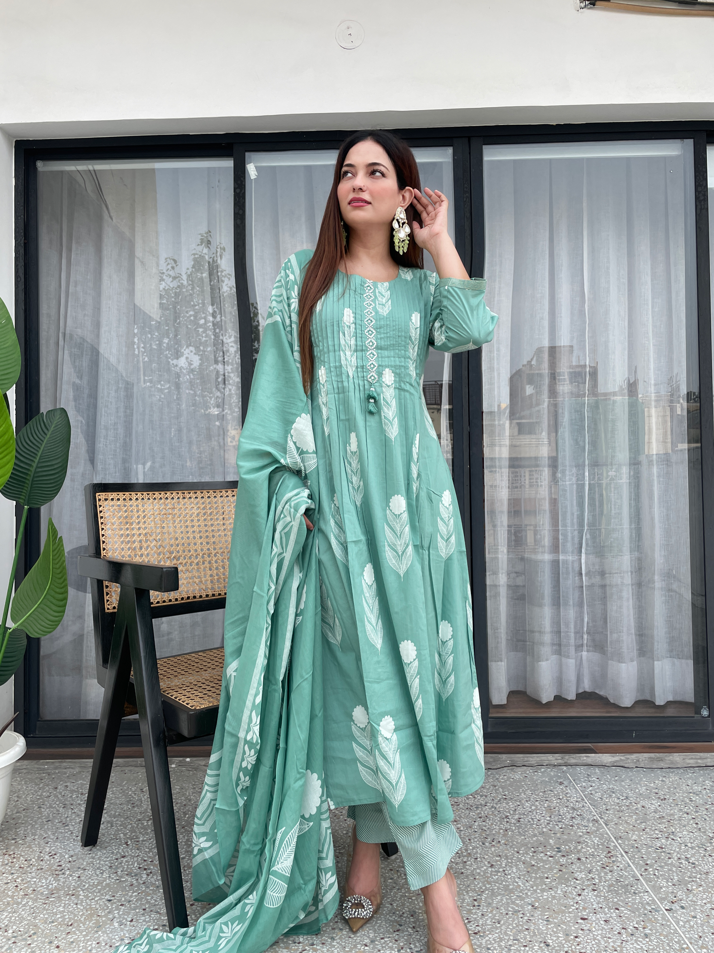 Pastel Mint Green Printed Kurta Set with Pants & Dupatta