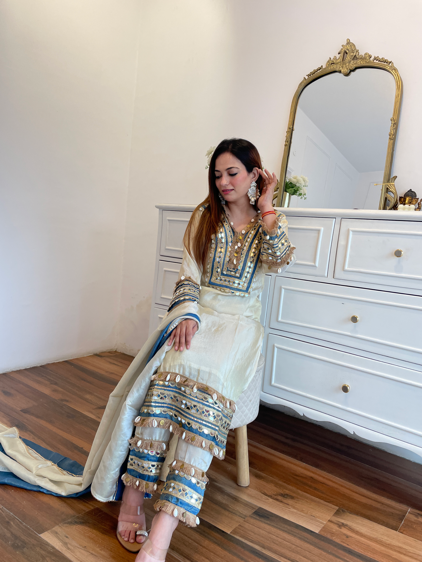 Ivory Embroidered Mirror Work Suit Set