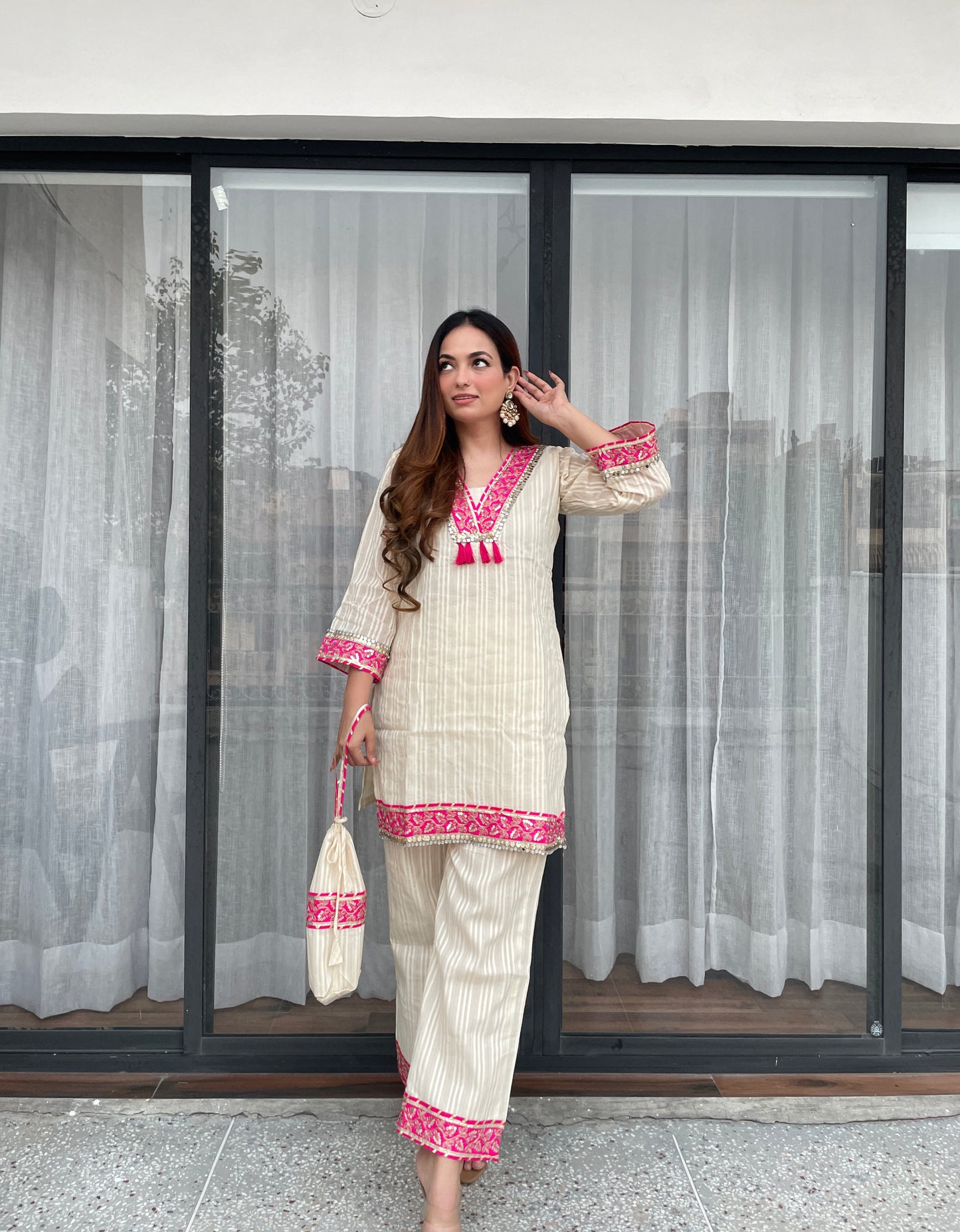 Cream Cotton Embroidered Co-ord Set with Multicolor Detailing