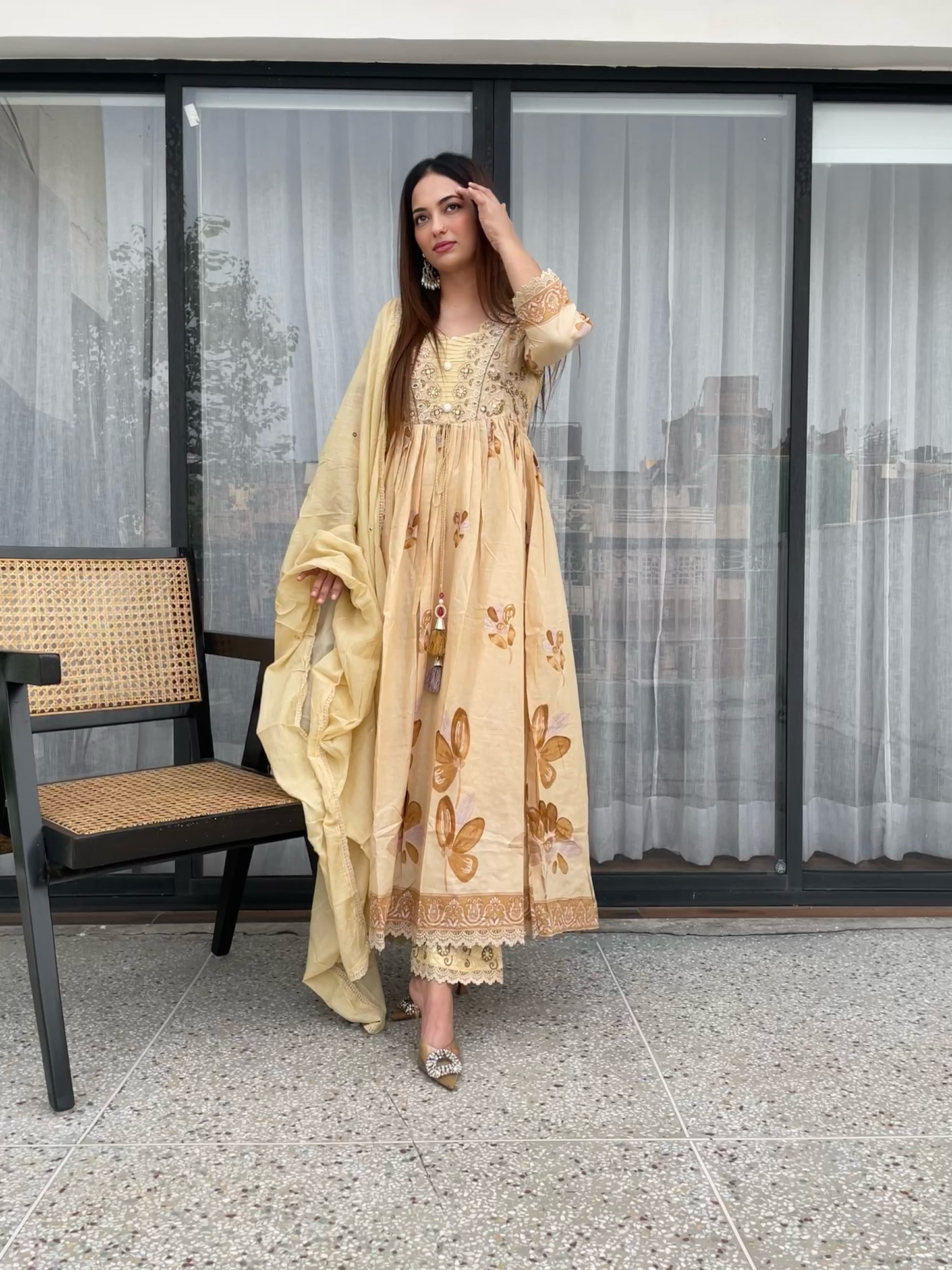 Golden Beige Floral Embroidered Frock Suit Set with Dupatta