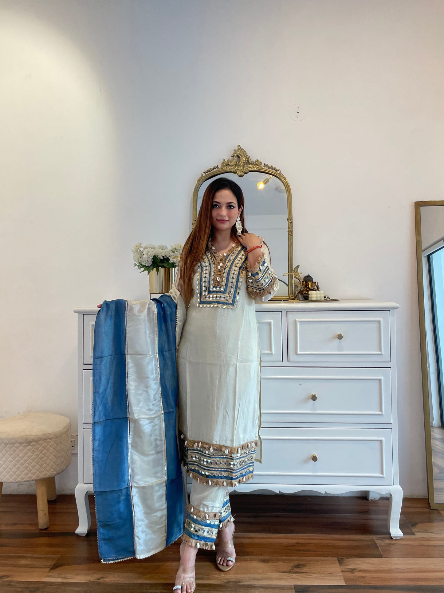 Ivory Embroidered Mirror Work Suit Set