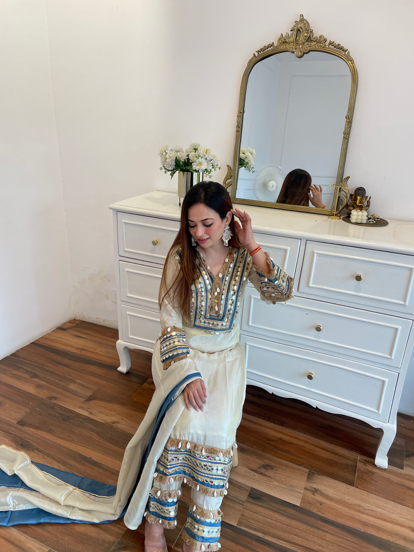 Ivory Embroidered Mirror Work Suit Set