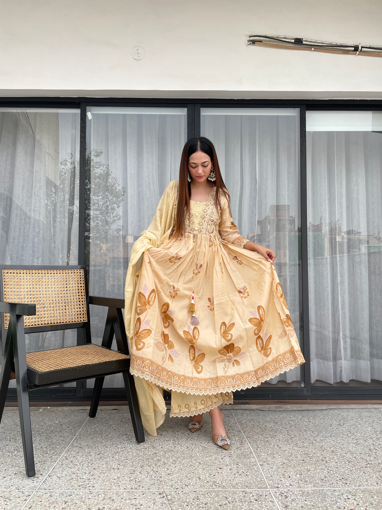 Golden Beige Floral Embroidered Frock Suit Set with Dupatta