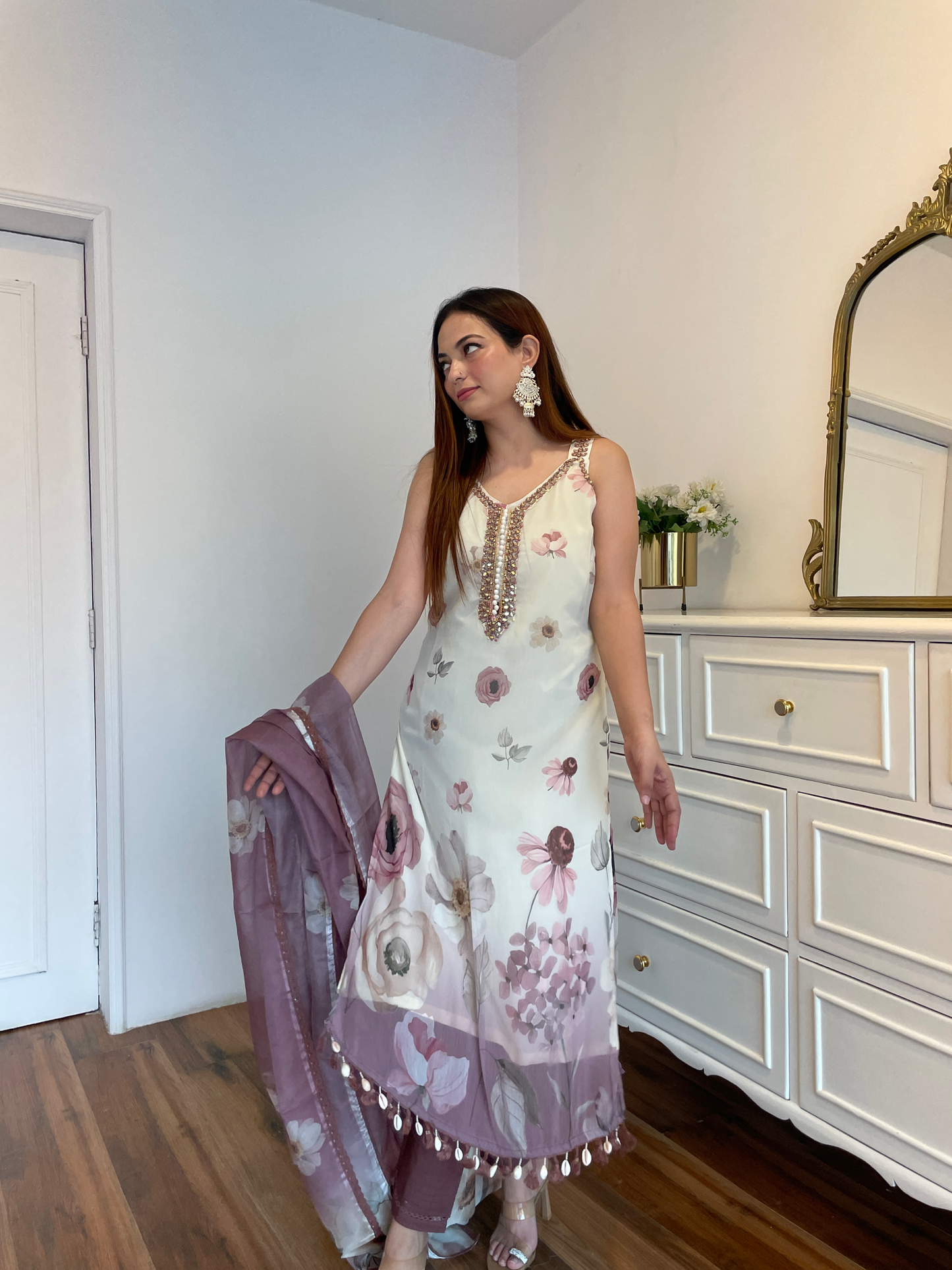 Onion Floral Printed Suit Set with Mirror Work & Organza Dupatta