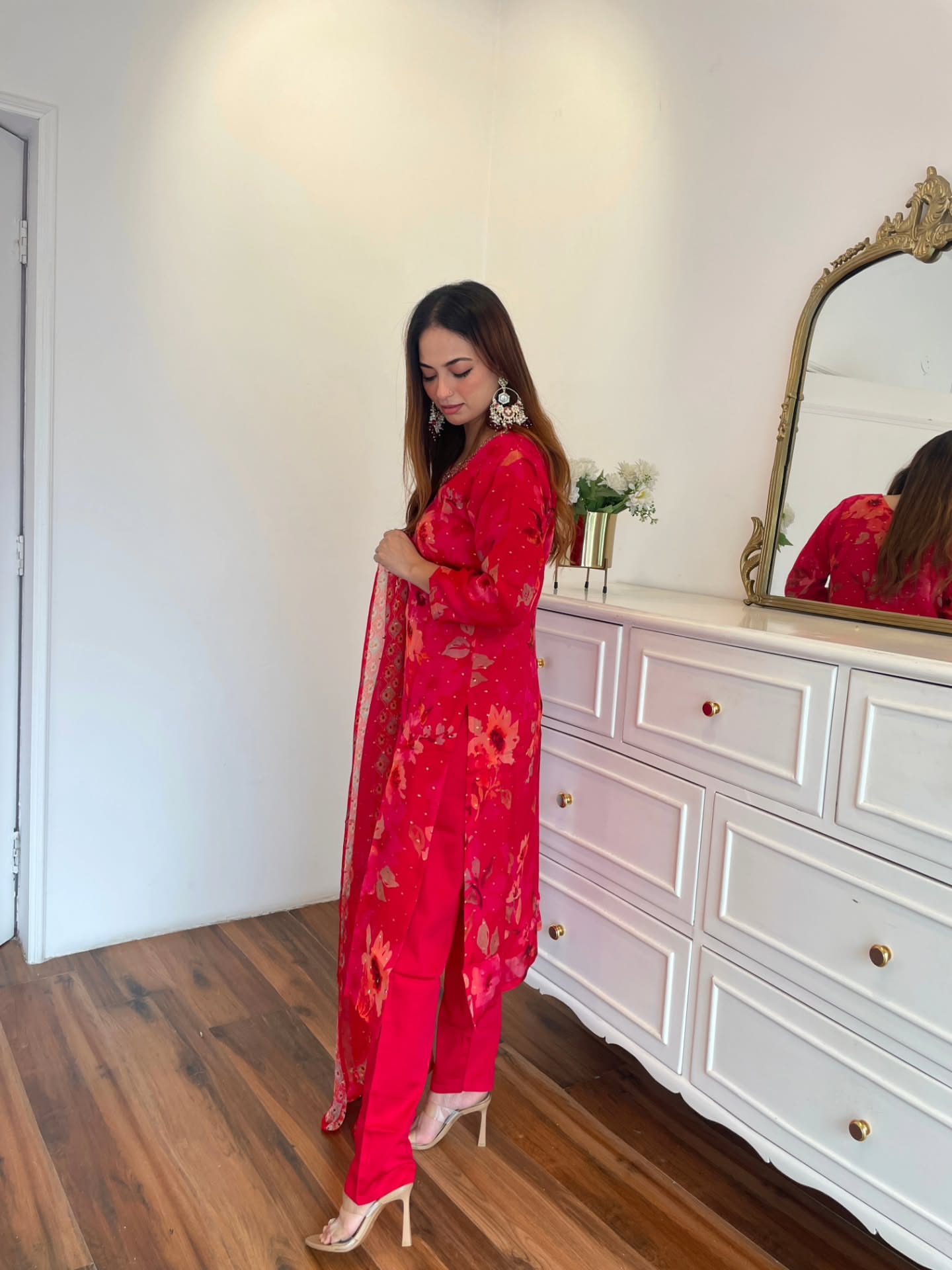 Hot Pink Floral Embroidered Suit Set with Printed Dupatta