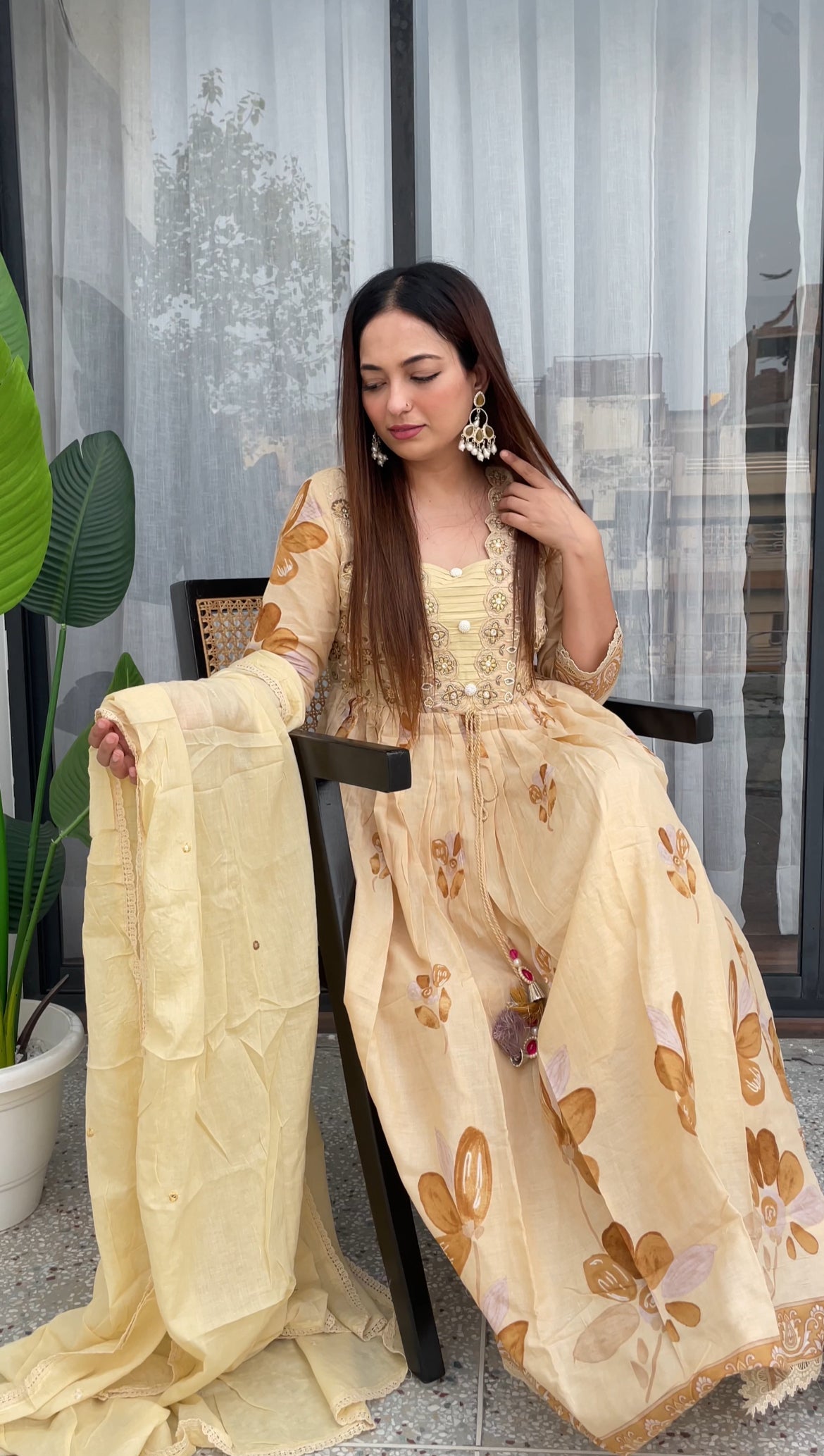 Golden Beige Floral Embroidered Frock Suit Set with Dupatta