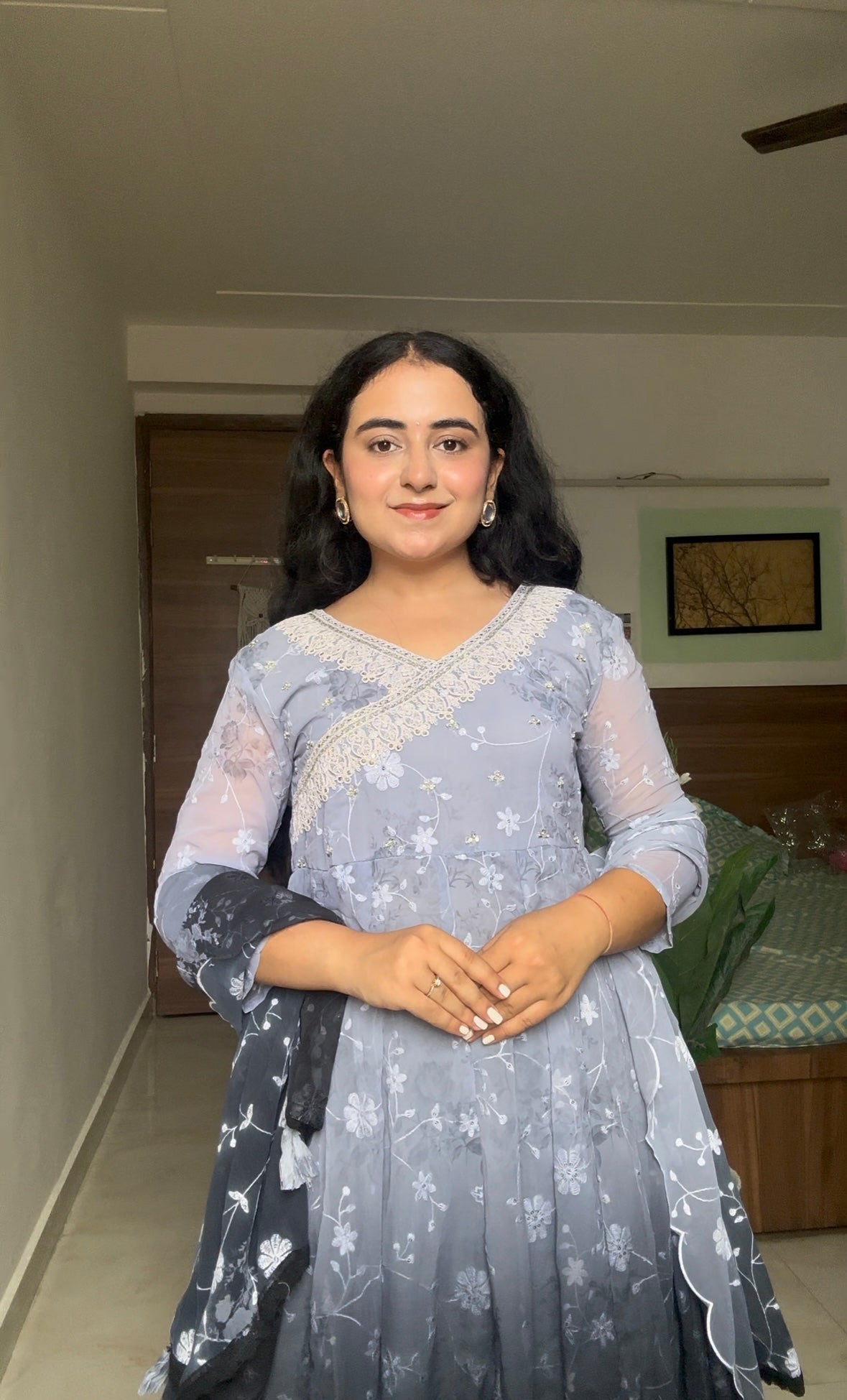 Grey Ombre Floral Anarkali Set with Lace Detailing