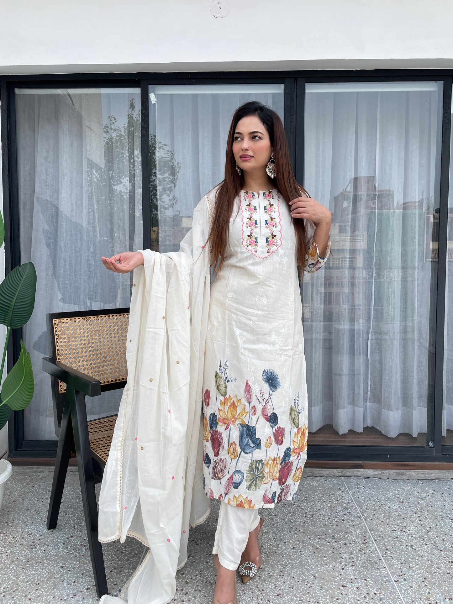 Elegant Off-White Floral Embroidered Suit Set