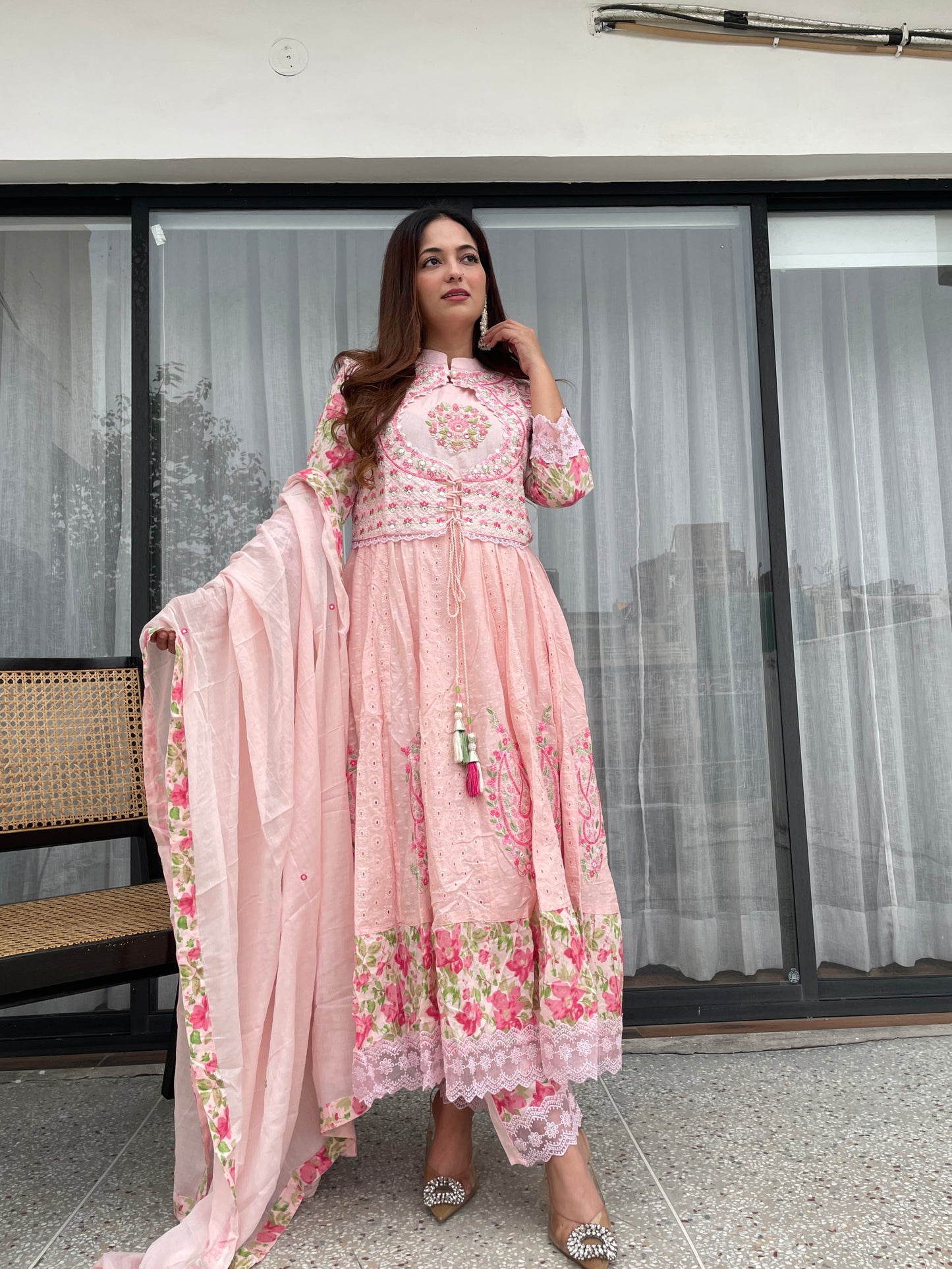 Blush Pink Embroidered Anarkali Suit Set with Dupatta