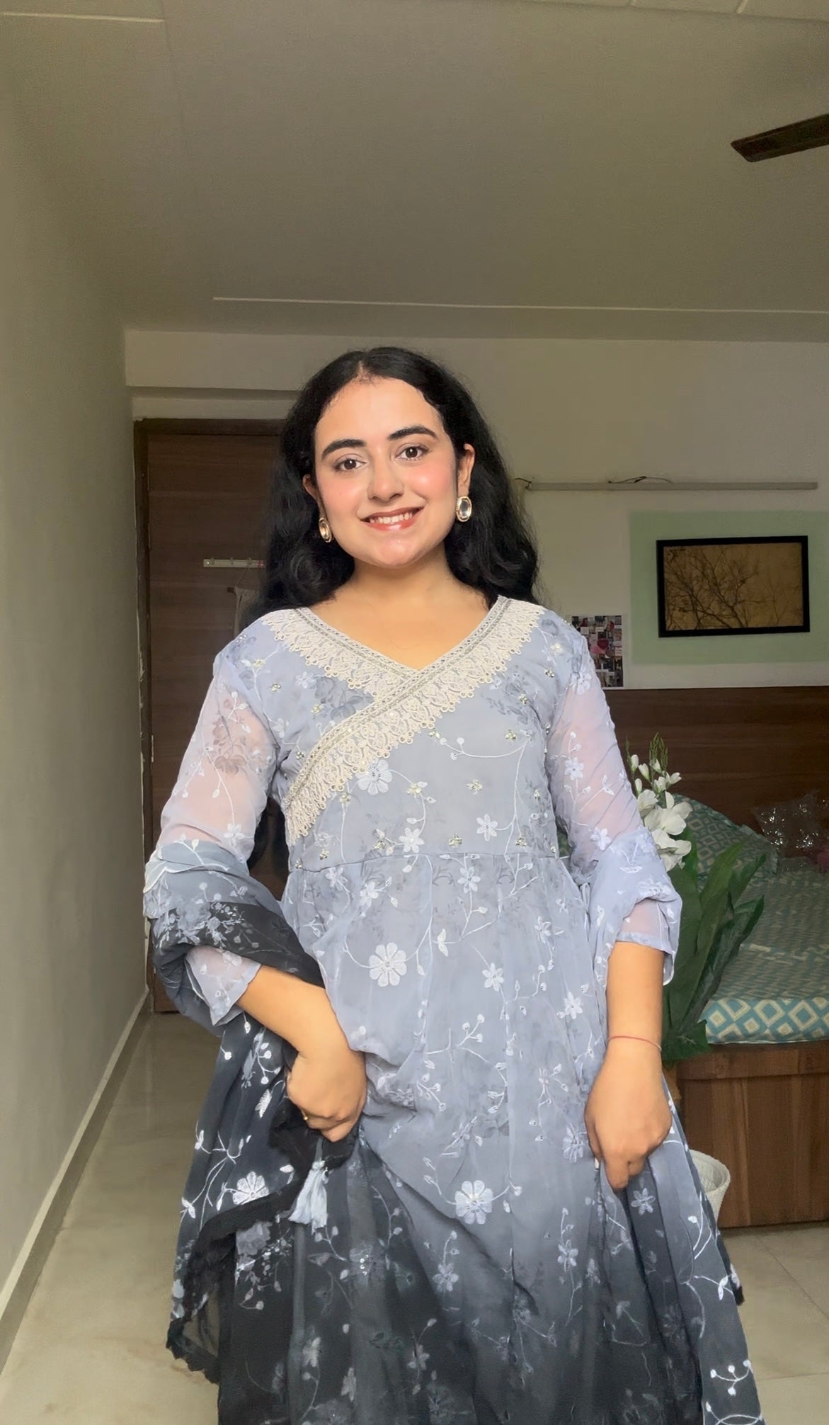 Grey Ombre Floral Anarkali Set with Lace Detailing