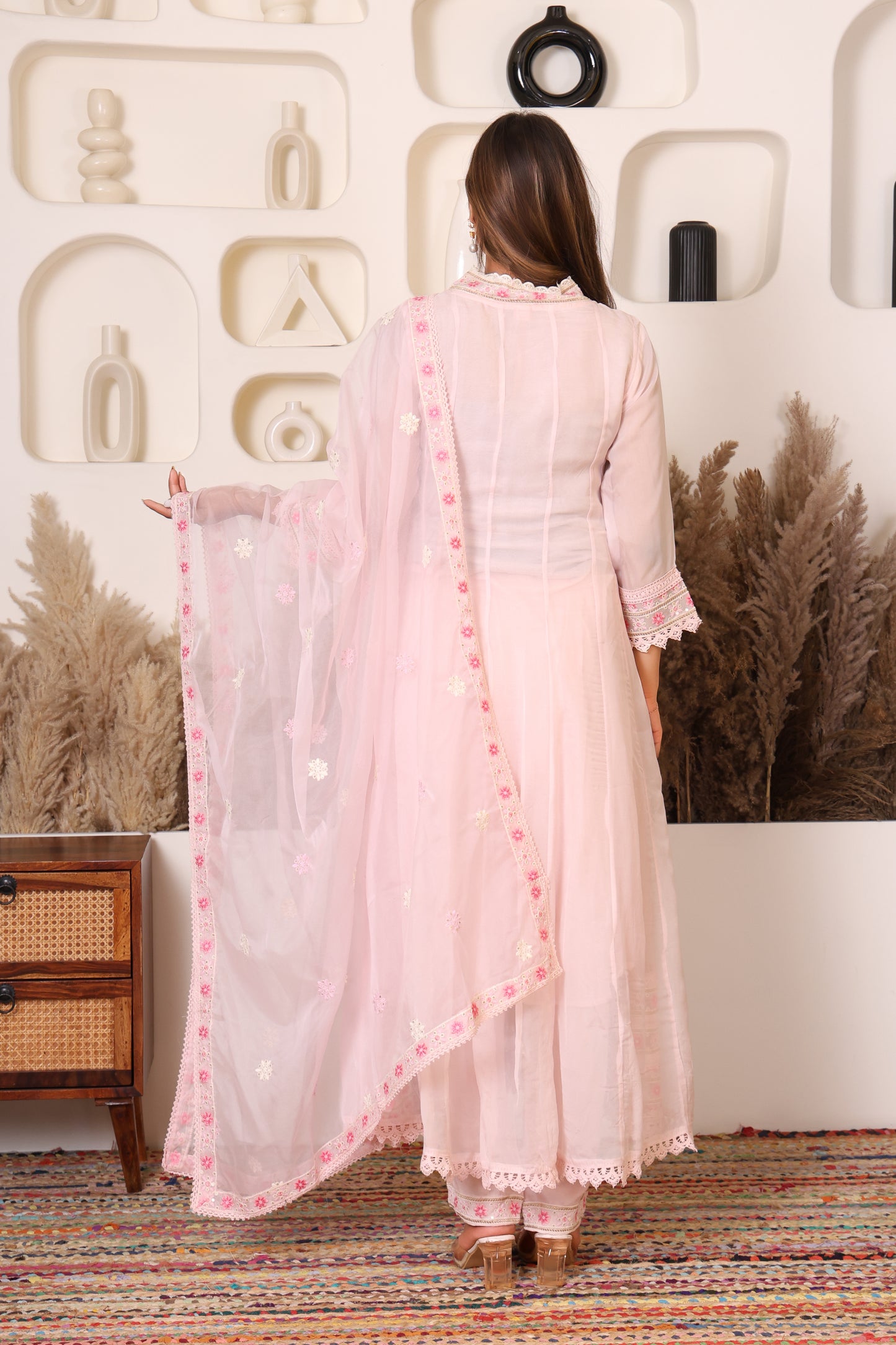 Ivory pink embroidered anarkali suit set with dupatta