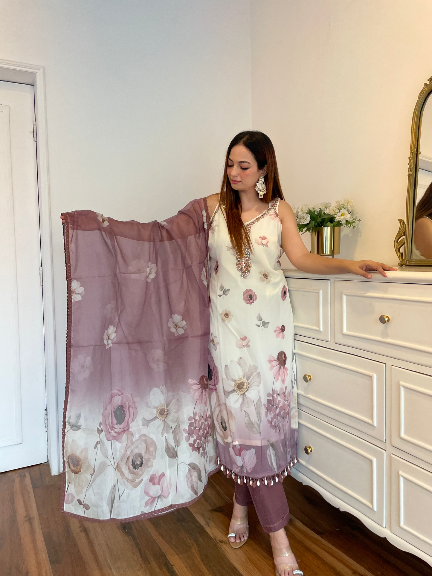 Onion Floral Printed Suit Set with Mirror Work & Organza Dupatta