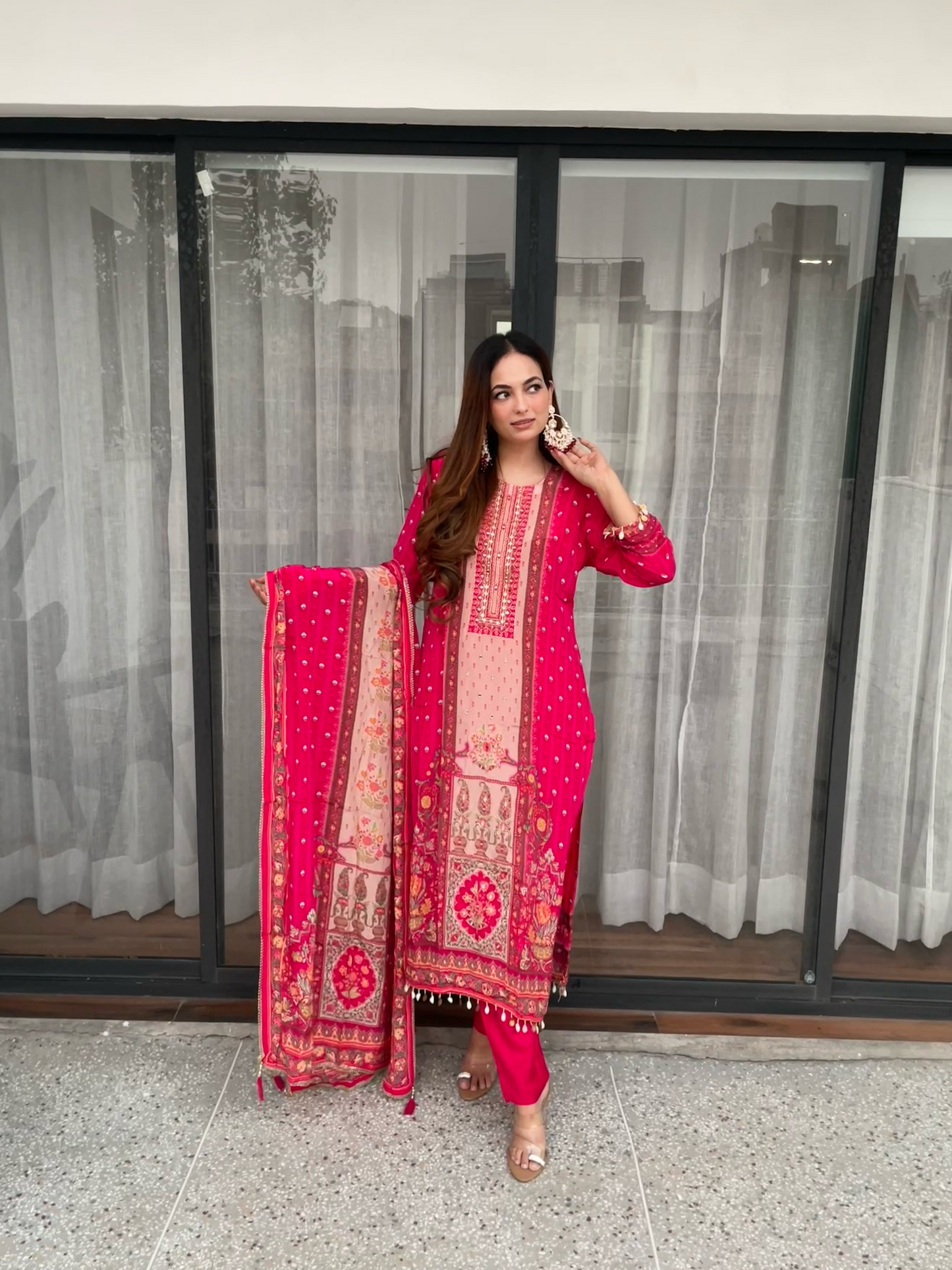 Hot Pink Embroidered Suit Set with Printed Dupatta