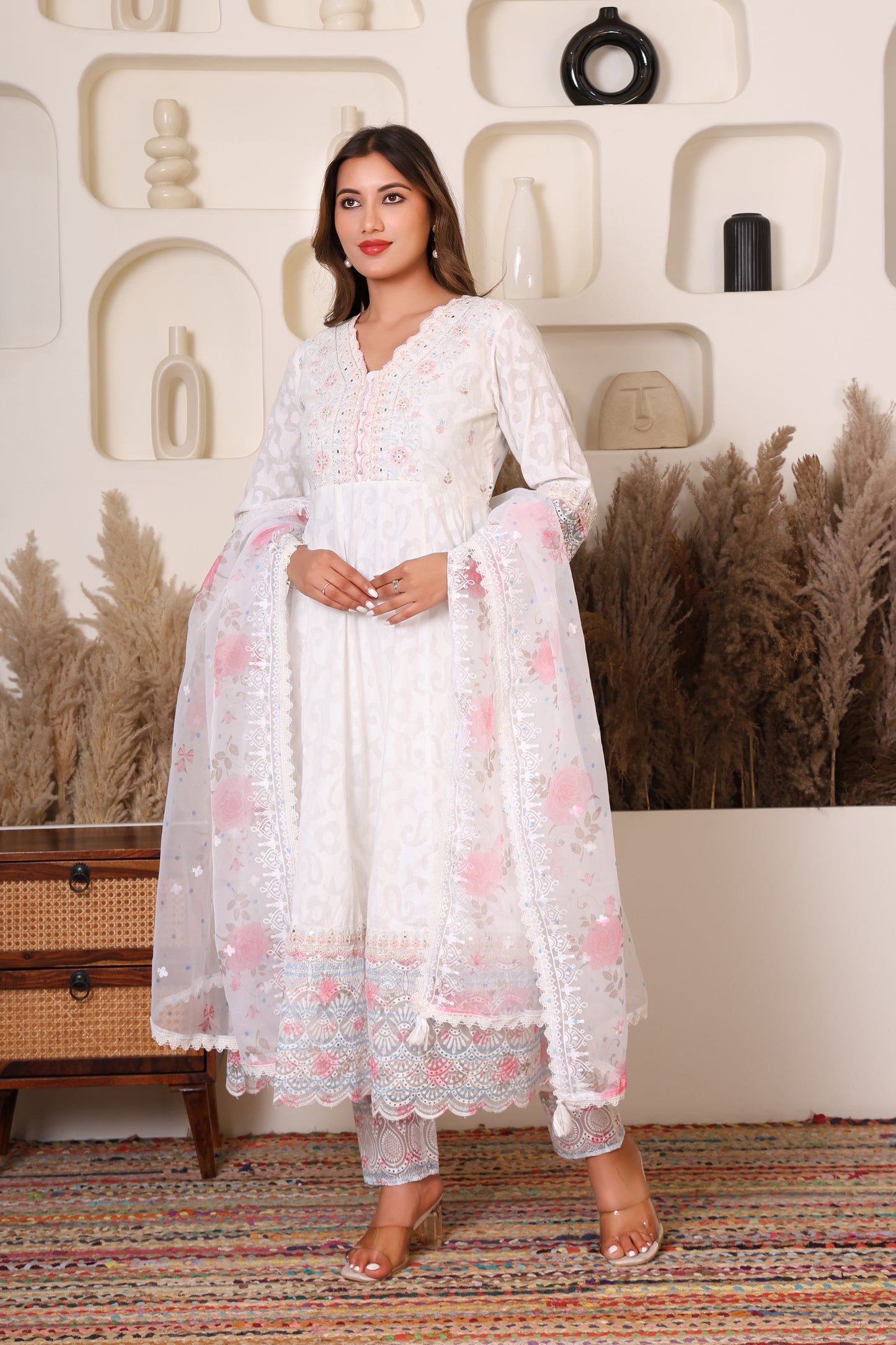 White Blossom Embroidered Suit Set