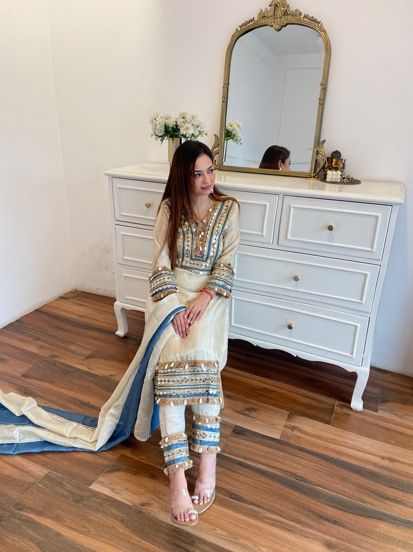 Ivory Embroidered Mirror Work Suit Set
