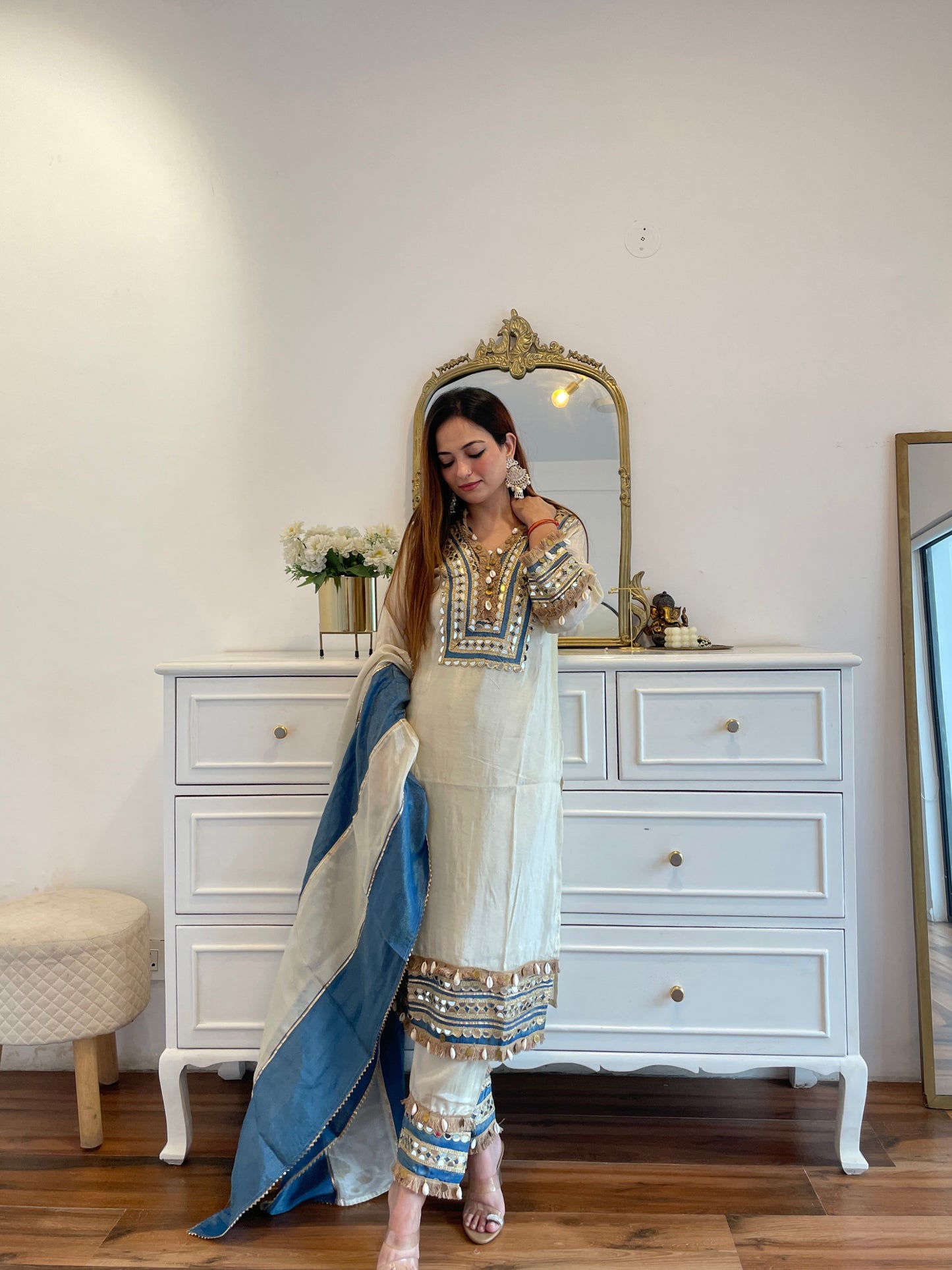 Ivory Embroidered Mirror Work Suit Set