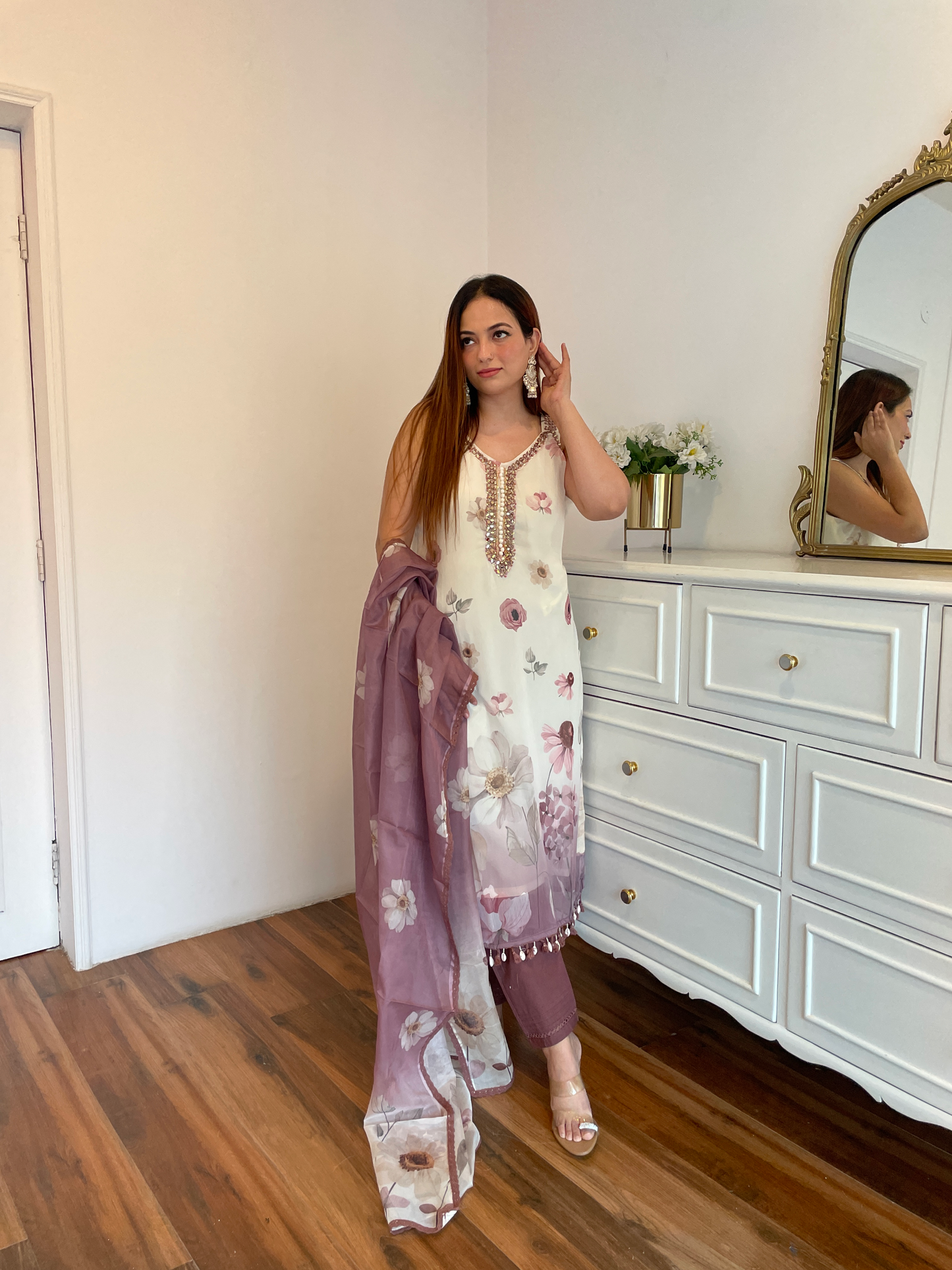 Onion Floral Printed Suit Set with Mirror Work & Organza Dupatta